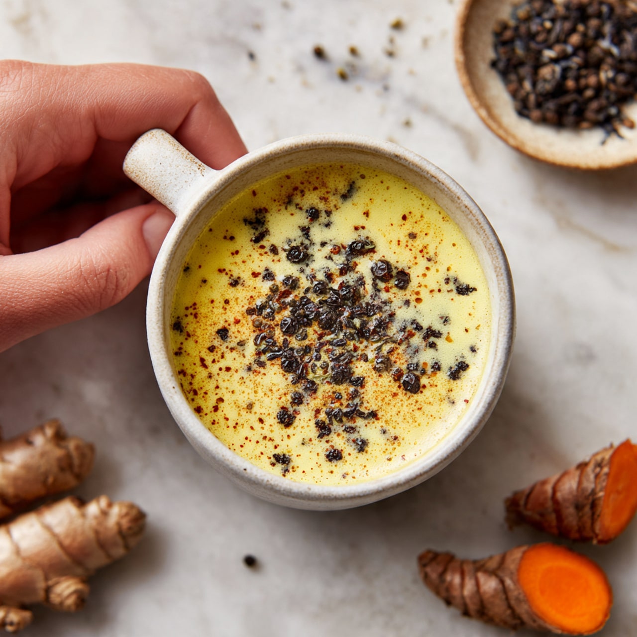 A close-up of a white cup filled with a creamy yellow drink topped with black pepper pieces. The drink surface is smooth with a light sprinkle of black bits. The cup sits on a white marbled surface with spices around it, including bright orange turmeric roots on the right and dark seeds scattered nearby. Part of a woman's hand is holding the cup from the top left corner. Photo taken with an iphone --ar 4:5 --v 7