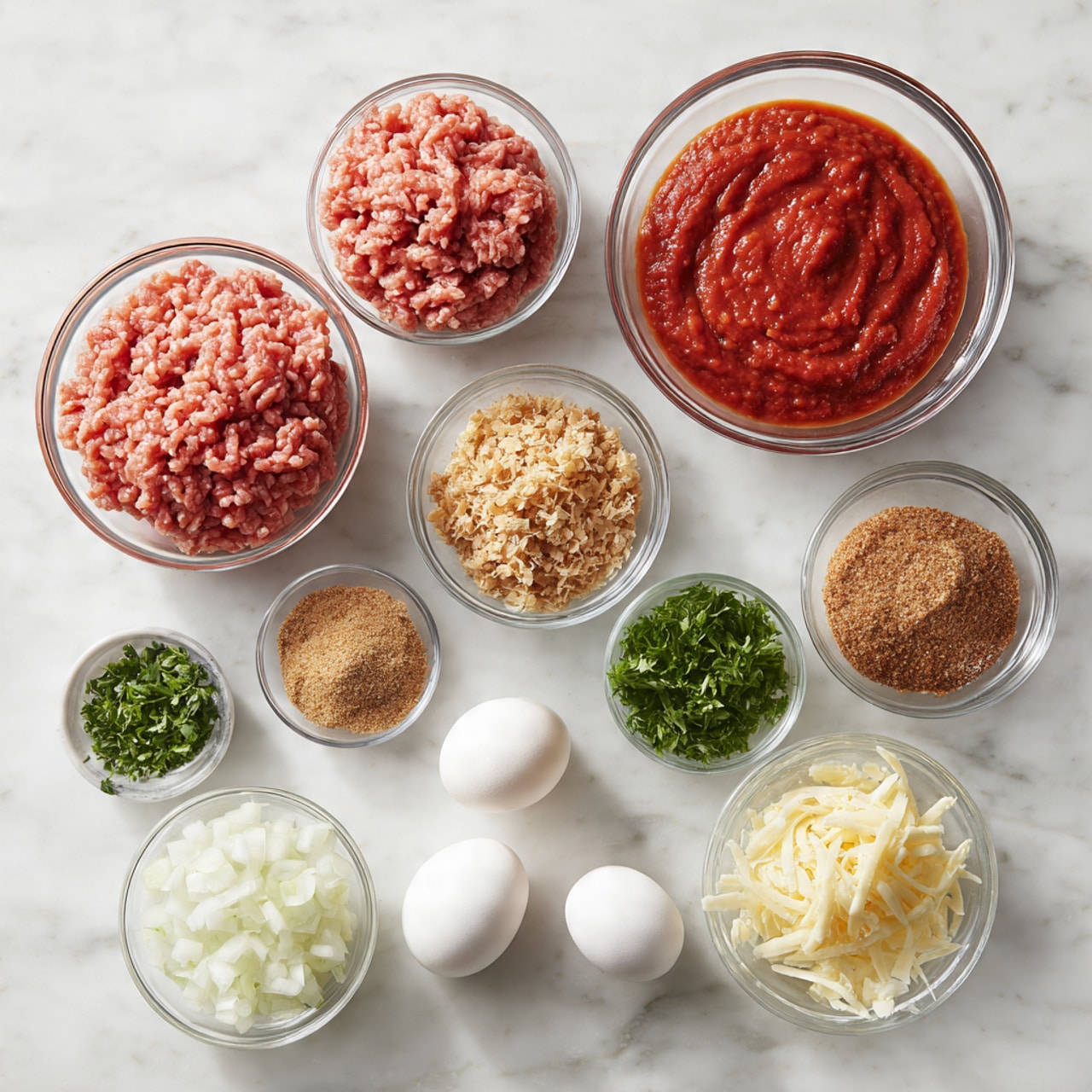 The image shows an arrangement of eleven small clear glass bowls and two eggs on a white marbled surface. Starting from the back left is a large bowl filled with pink minced meat, next to it is a bowl with thick red ketchup. In front of these two, from left to right, are smaller bowls containing golden brown crushed crackers, light brown brown sugar, and white grated cheese. Next row has a bowl of white milk in the center, to its right are a bowl of green chopped herbs and a bowl of mixed spices with black and beige colors. At the front left is a bowl of white chopped onions, and on the right side, smaller bowls hold minced garlic and pale yellow powder seasoning. The two white eggs are placed side by side in front of the onions. A striped cloth is partly visible behind the bowls. photo taken with an iphone --ar 4:5 --v 7