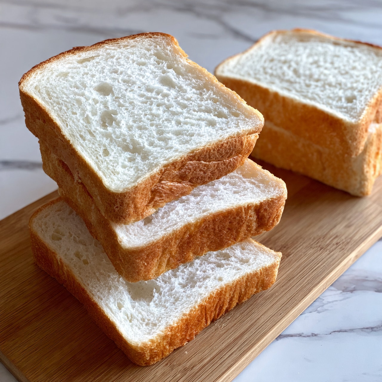 Three slices of soft white bread with a light golden brown crust are stacked on a wooden cutting board, with the top slice slightly tilted to the right, showing its airy and fluffy texture with small, even holes. Behind these slices is a thicker piece of bread placed flat. The background and surface are a white marbled texture. photo taken with an iphone --ar 4:5 --v 7