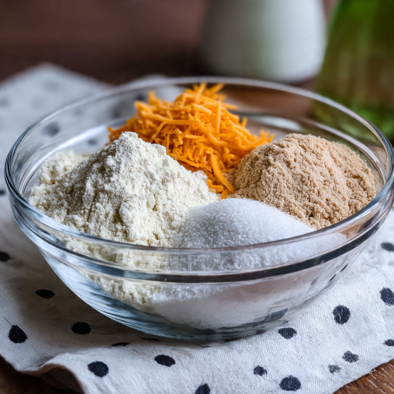 A clear glass bowl holds four separate piles of ingredients on a white marbled table: a large mound of white flour at the bottom left, a pile of orange shredded cheese on the right, a small heap of light beige powder near the center, and a smaller mound of white granulated sugar in front of the flour. The bowl rests on a white cloth with black polka dots, and there is a green and white bottle partially visible in the blurred wooden background. photo taken with an iphone --ar 4:5 --v 7