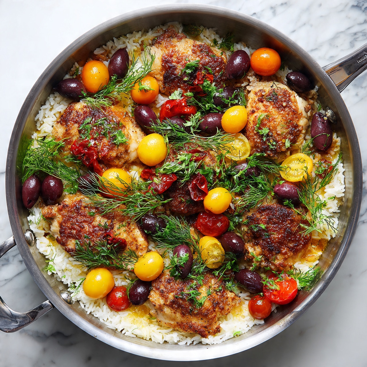 This dish is shown in a metal pan filled with a base layer of white rice with a fluffy texture. On top of the rice, there are several pieces of cooked chicken with a browned, slightly crispy surface. Scattered across the chicken are whole and halved yellow and red cherry tomatoes, adding bright orange and red colors. Dark purple olives, both whole and sliced, are spread evenly across the dish. Fresh green sprigs of dill are placed all over, giving a fresh and lively look. The pan is set on a white marbled surface. photo taken with an iphone --ar 4:5 --v 7