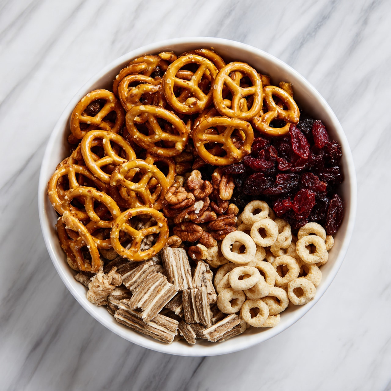 A white bowl filled with five different snacks arranged in separate sections, starting with golden-brown pretzels piled high on one side. Next to the pretzels, there are small brown nuts, followed by red dried fruit pieces. Below them, there are tan striped snacks, and finally, round, pale purple cereal rings fill the last section. The bowl sits on a white marbled surface. photo taken with an iphone --ar 4:5 --v 7