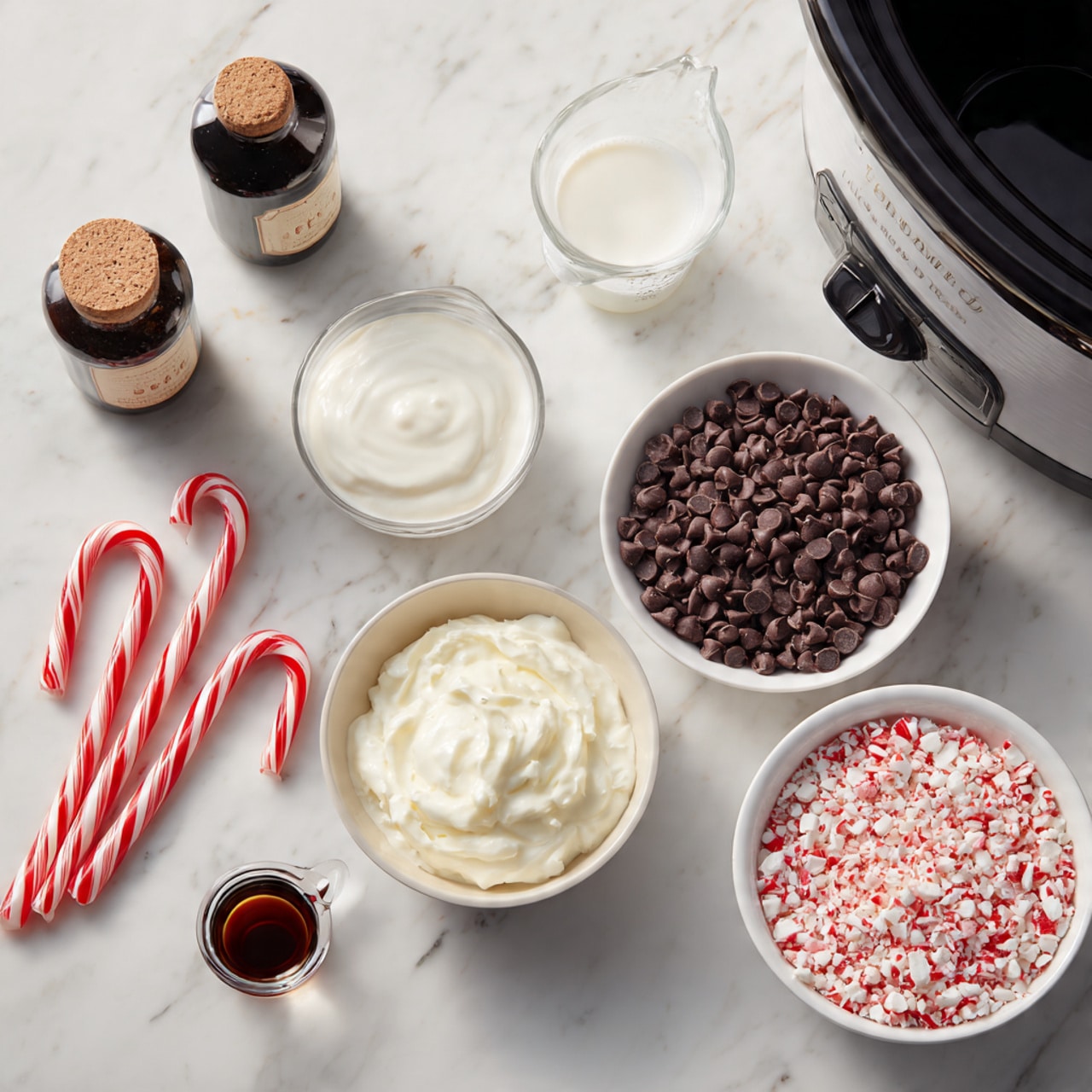 The image shows a flat lay of baking ingredients placed on a white marbled surface, arranged neatly around a slow cooker partially visible at the top right. In the center right, a white bowl is filled with brown chocolate chips. Above this bowl, a clear glass measuring cup holds white cream. To the left of the chocolate chips, a small white bowl contains thick white cream or sour cream. At the bottom left, there is a bottle of dark vanilla extract with a cork beside it and a tiny glass shot cup with dark vanilla liquid. Two red and white candy canes lie diagonally in the lower middle area. To the right bottom corner, a white bowl is packed with crushed red and white peppermint candies. Photo taken with an iphone --ar 4:5 --v 7