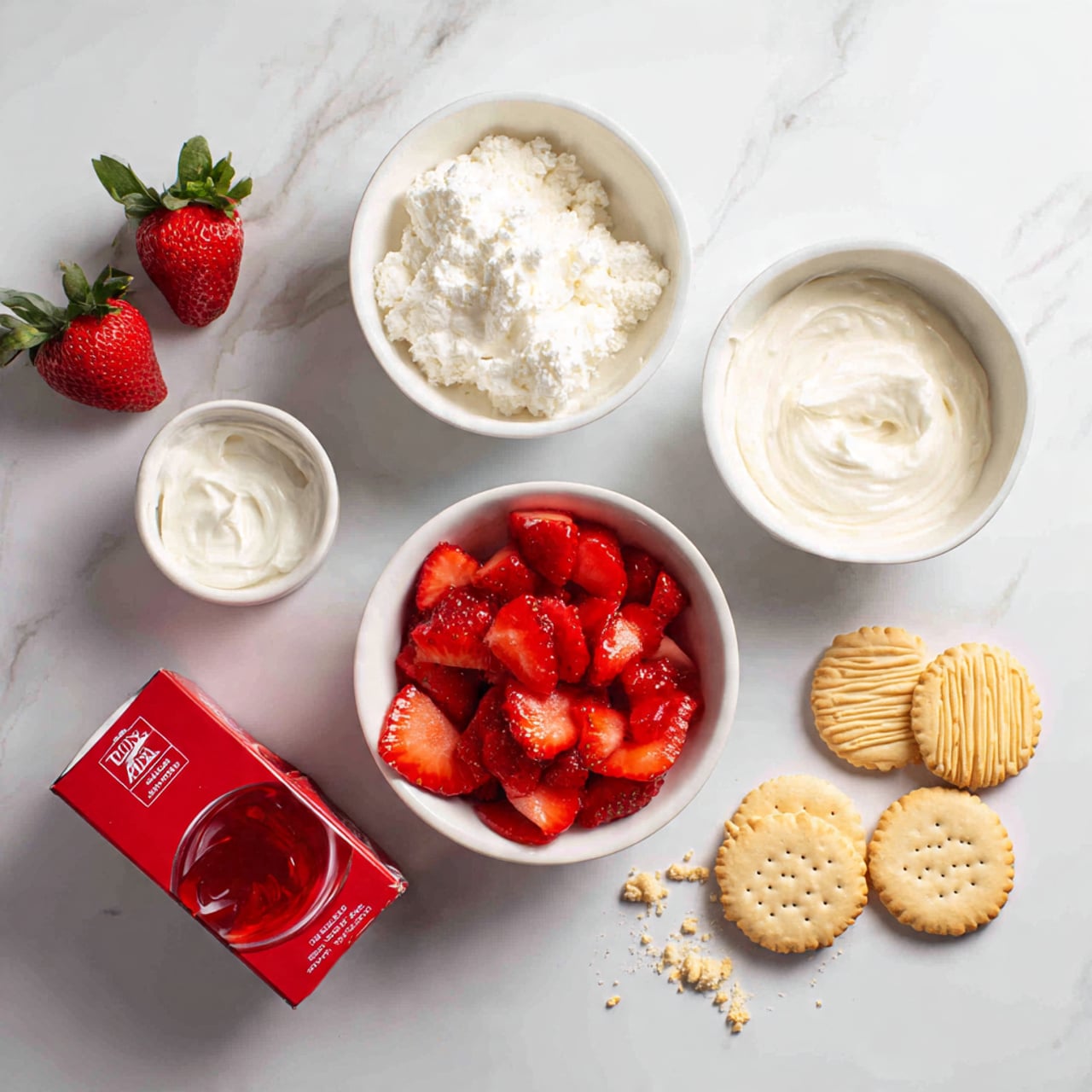 The image shows an arrangement on a white marbled surface with white bowls and a box of strawberry Jell-O. At the top left, there is a white bowl filled with a fluffy white mixture. Next to it on the right, there is another white bowl also filled with a creamy white mixture but with a slightly smoother texture. Below this, there is a third white bowl with a thick white cream. To the left of these bowls, there are three fresh whole strawberries with green leaves. Below the strawberries, a round white bowl is filled with bright red sliced strawberries neatly stacked. To the right side of the bowl, there are six light golden cookies with swirled patterns, arranged in a small cluster with some crumbs around. In the center, a bright red box of strawberry Jell-O is placed slightly tilted. Photo taken with an iphone --ar 4:5 --v 7