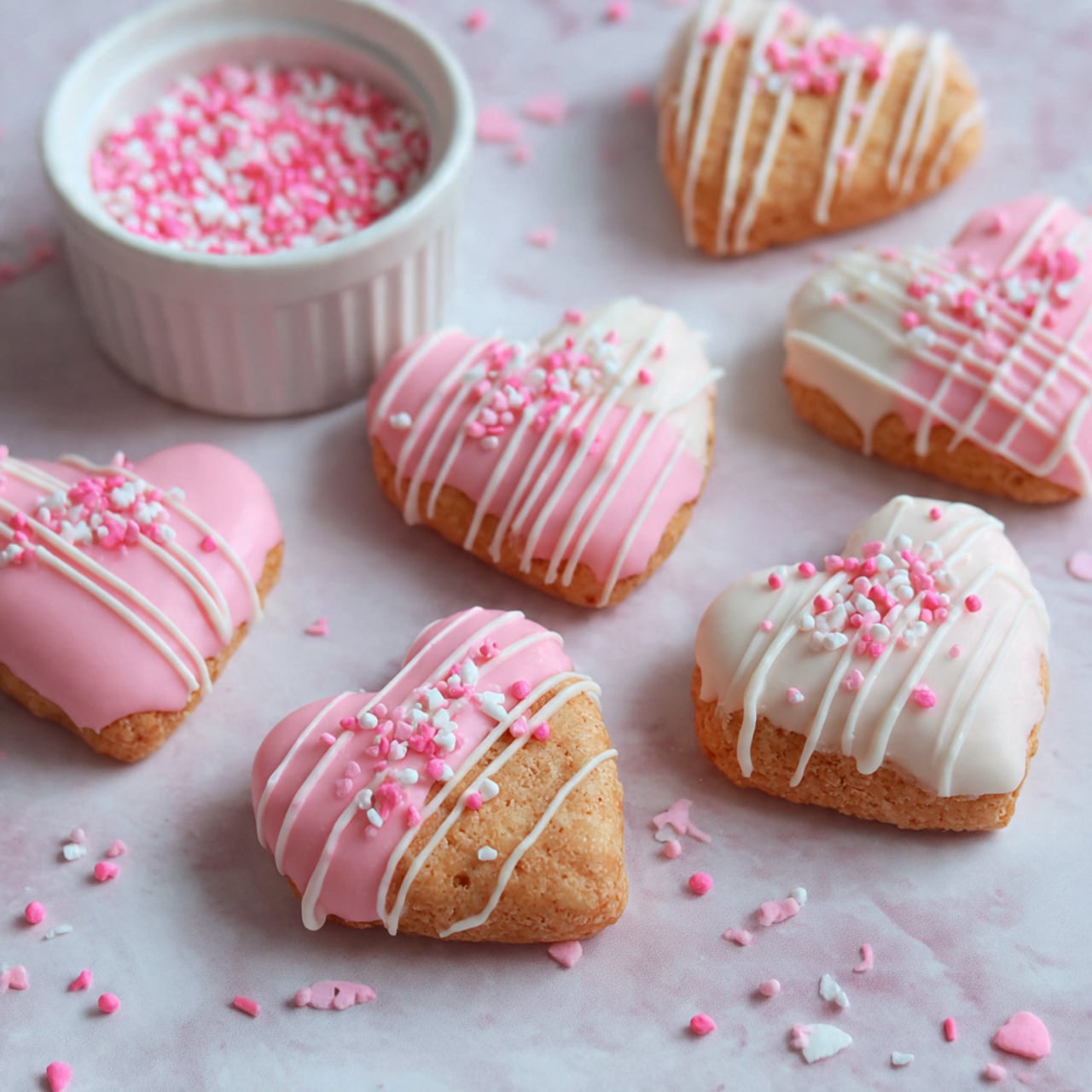 The image shows heart-shaped treats made from puffed rice cereal in light beige color. Each treat is half-dipped in smooth icing, with either white or baby pink color, covering one side of each heart. On top of the icing, thin white or pink drizzle lines run diagonally across the treats, adding stripe details. Small round sprinkles, in bright pink and white, are scattered on the icing and around the treats. The treats lay on a white marbled textured surface with a small white bowl filled with matching pink and white sprinkles placed to the left. The overall look is soft and pastel with a playful sweet vibe. Photo taken with an iphone --ar 4:5 --v 7