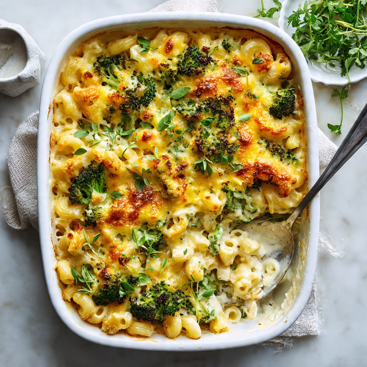 A white pan filled with creamy baked pasta mixed with curly macaroni, bright green broccoli florets, and melted golden-yellow cheese on top, garnished with fresh green herbs scattered across the surface. The creamy sauce looks thick and smooth, partly browned in spots from baking, with a metal spoon resting inside the pan scooping a portion, revealing the layers of pasta and broccoli underneath. The pan sits on a white marbled surface with some fresh herbs and a small white dish in the background. Photo taken with an iphone --ar 4:5 --v 7