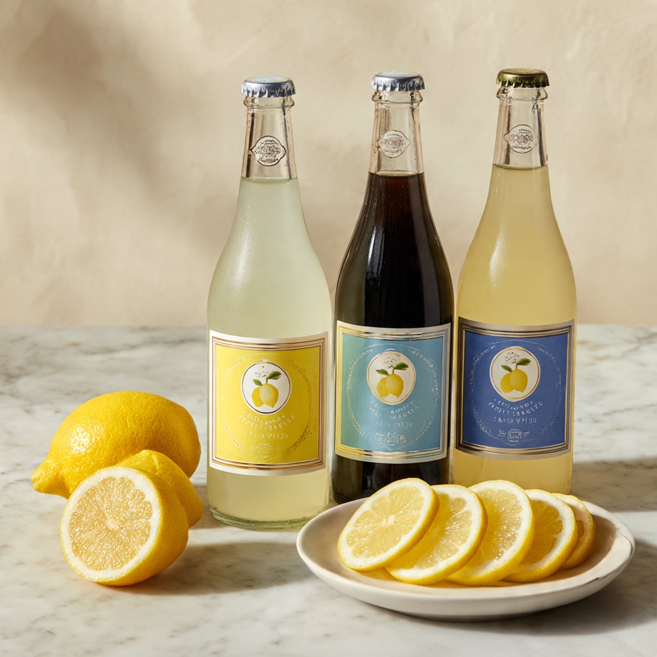 The image shows three bottles lined up on a white marbled surface with a light-colored wall behind. From left to right, there is a frosted glass bottle with a lemon picture and yellow label, a clear glass bottle with light yellow liquid and a cream-colored label, and a dark bottle with a blue label and silver foil on the neck. In front of the bottles, on a white plate, there is one whole yellow lemon and four lemon slices layered in a row. The lighting is soft and even, creating a clean and fresh look. photo taken with an iphone --ar 4:5 --v 7