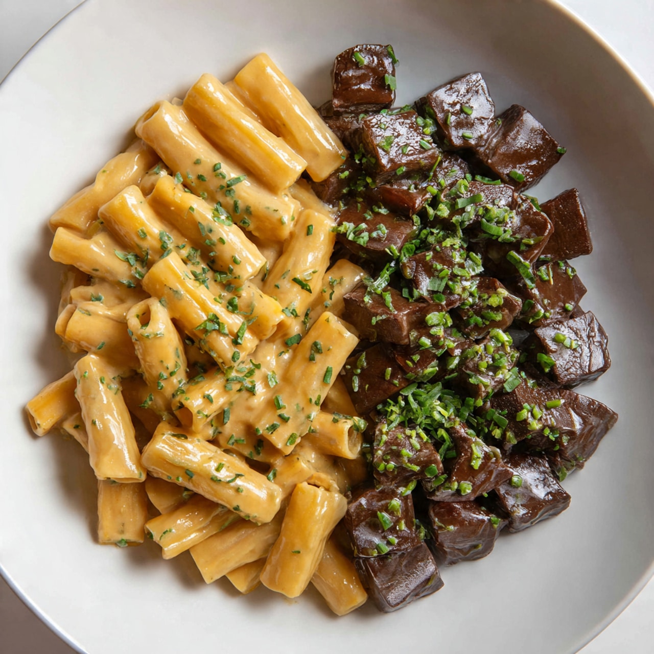 The dish shows a large white plate filled with two main parts: on the left side, there are short tube-shaped pasta pieces coated in a creamy light brown sauce, sprinkled with green herbs, giving a smooth and slightly shiny texture; on the right side, there are bite-sized dark brown cubes of cooked meat with a slightly crispy surface, also topped with small green herb bits. The pasta and meat are placed close but separate, highlighting the contrast between the soft pasta and the firm meat. The photo is taken with an iphone --ar 4:5 --v 7