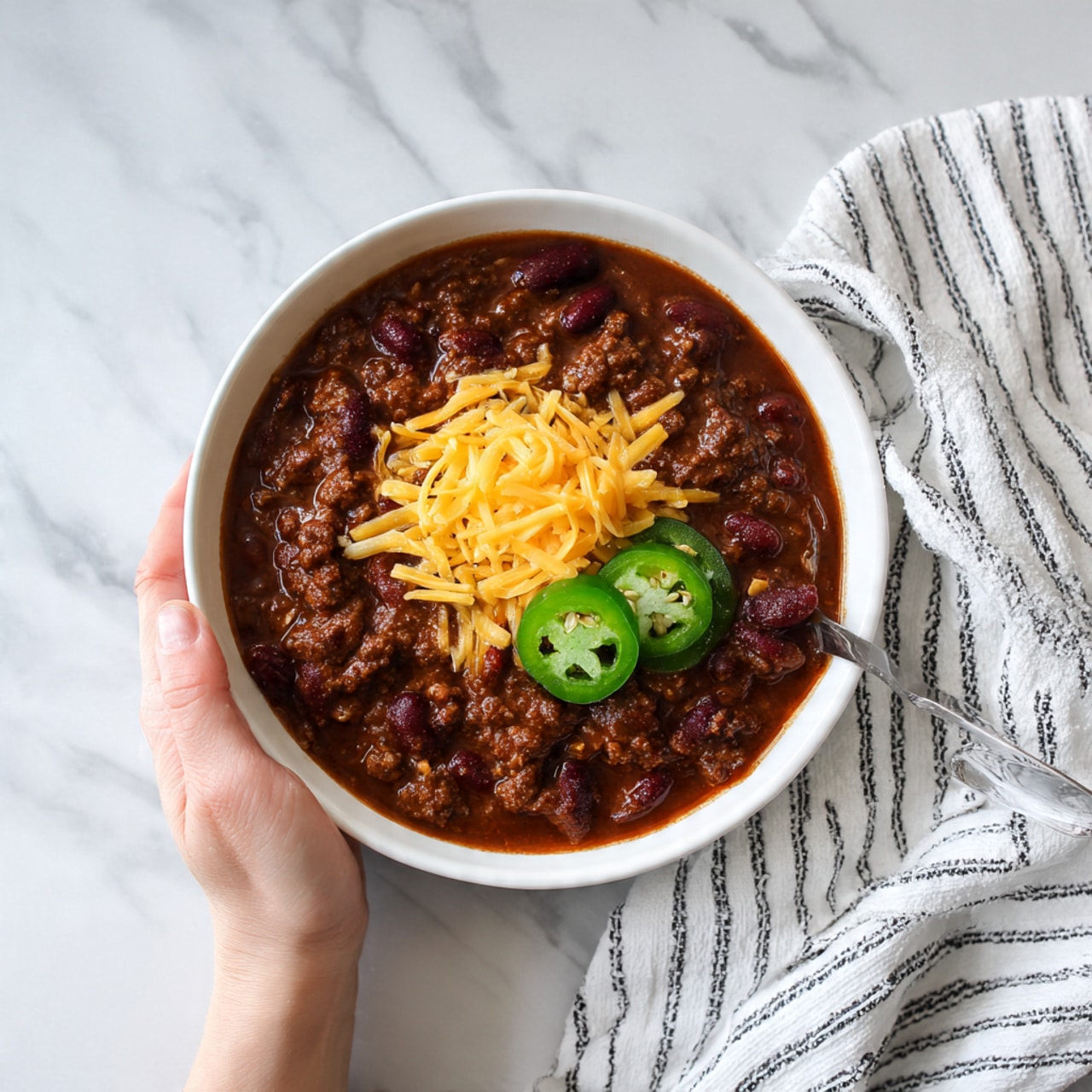 This image shows a white bowl filled with a rich, thick chili made of dark brown ground meat and dark red kidney beans mixed throughout. On top of the chili, there is a small pile of shredded yellow cheddar cheese at the center, adding a bright contrast. To one side of the cheese are three green jalapeño slices, slightly shiny and layered on top of the chili. The bowl is placed on a white marbled surface, and a white and black striped cloth napkin is visible close by. A woman's hand is seen holding the bowl from the side. Photo taken with an iphone --ar 4:5 --v 7