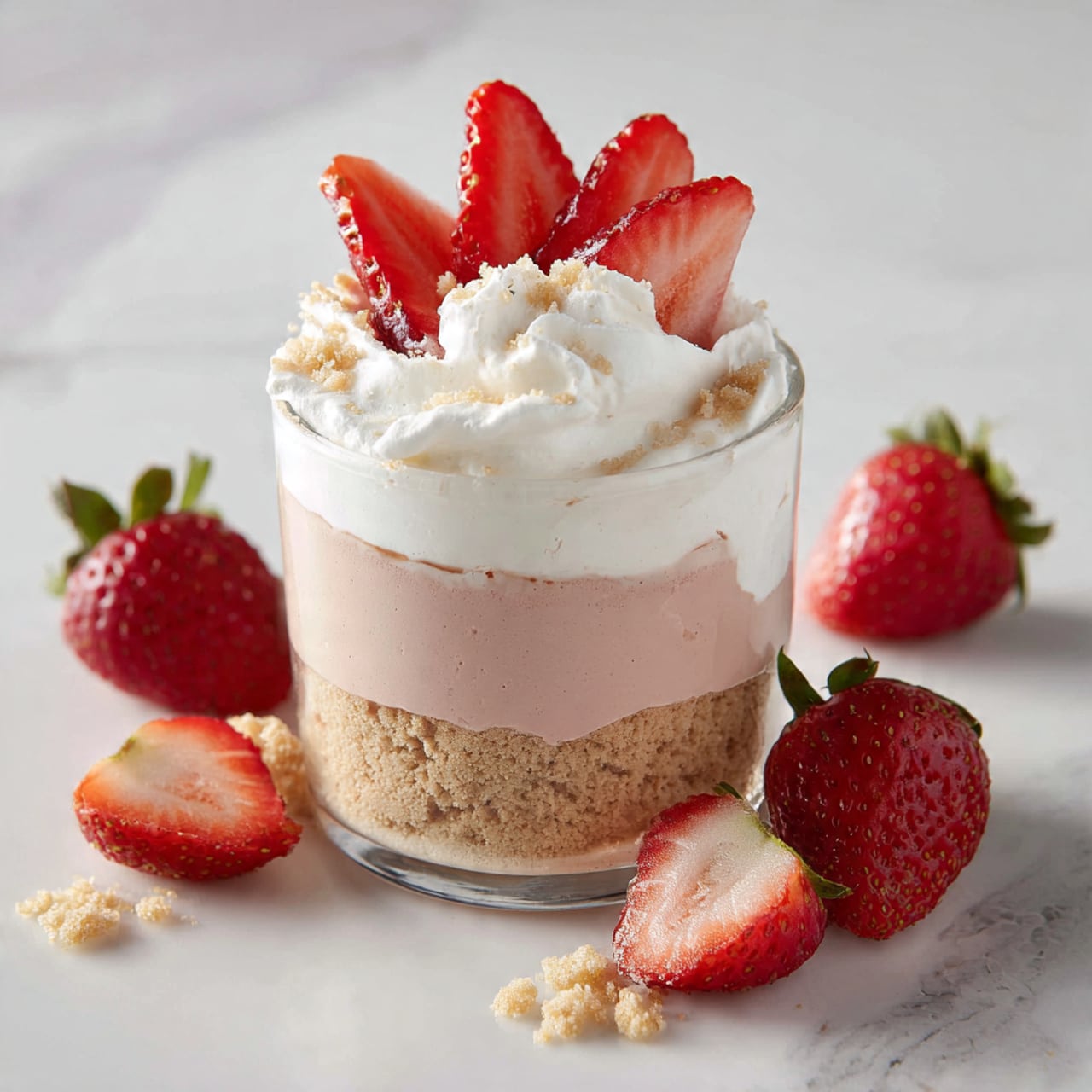 The image shows a small white glass filled with three visible layers. The bottom layer is light brown and crumbly, like crushed cookies. The middle layer is pink and smooth, like a thick mousse or cream. The top layer is white whipped cream with soft peaks, decorated with thin slices of bright red strawberry arranged standing upright. The glass sits on a white marbled surface with whole and sliced strawberries around it. The photo taken with an iphone --ar 4:5 --v 7