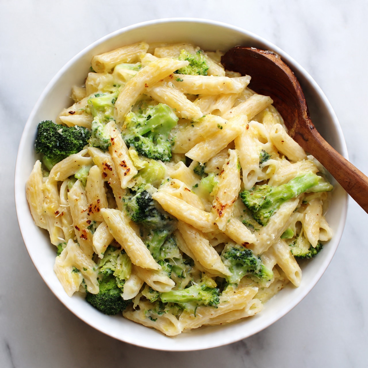 The image shows a white bowl filled with creamy pasta. The pasta is penne, cooked and mixed with bright green broccoli pieces. The dish is thickly coated with a light yellow creamy cheese sauce. There are small bits of melted cheese on top, adding texture and a slightly browned color. A wooden spoon is placed inside the bowl, resting on the pasta. The bowl sits on a white marbled surface. Photo taken with an iphone --ar 4:5 --v 7