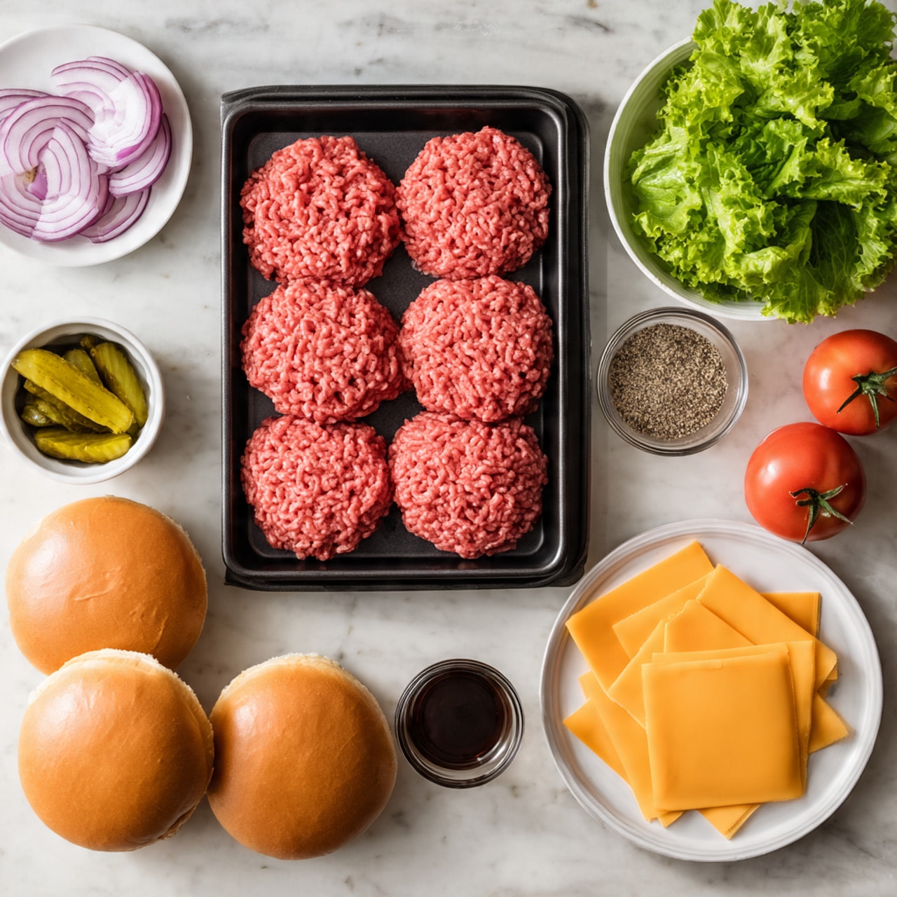 The image shows fresh ground beef in a black tray placed near the center on a white marbled surface. Around it, there are four light brown hamburger buns at the bottom left, two red onion halves at the top left, a small white bowl of sliced green pickles on the left, and a small white bowl with dark brown sauce below the beef. Towards the right side, there is a small glass bowl filled with seasoning mix and above it, a white plate holding bright green leafy lettuce and several bright orange-yellow cheese slices. In the bottom right corner, there are two whole red tomatoes with green stems still attached. The scene is bright and clean. photo taken with an iphone --ar 4:5 --v 7