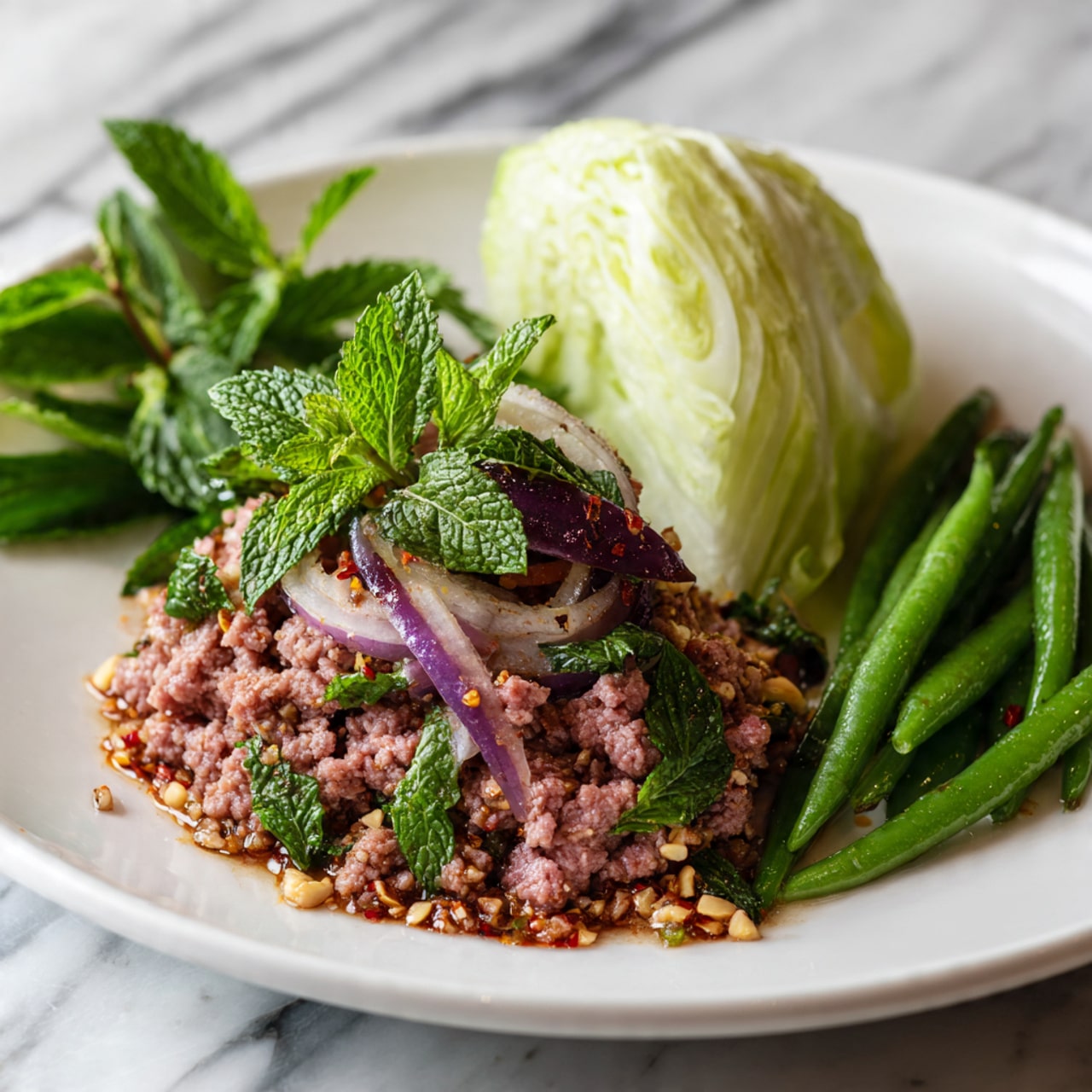 A white plate holds a layered dish consisting mainly of cooked thin slices of reddish-brown meat mixed with bright green fresh mint leaves and bits of purple onion. The meat layer has a slightly moist and textured surface speckled with crushed red chili flakes and some small bits of crushed peanuts or spices. On the side of the plate lie long, fresh green beans and a wedge of pale green cabbage. The background is a white marbled surface. Photo taken with an iphone --ar 4:5 --v 7