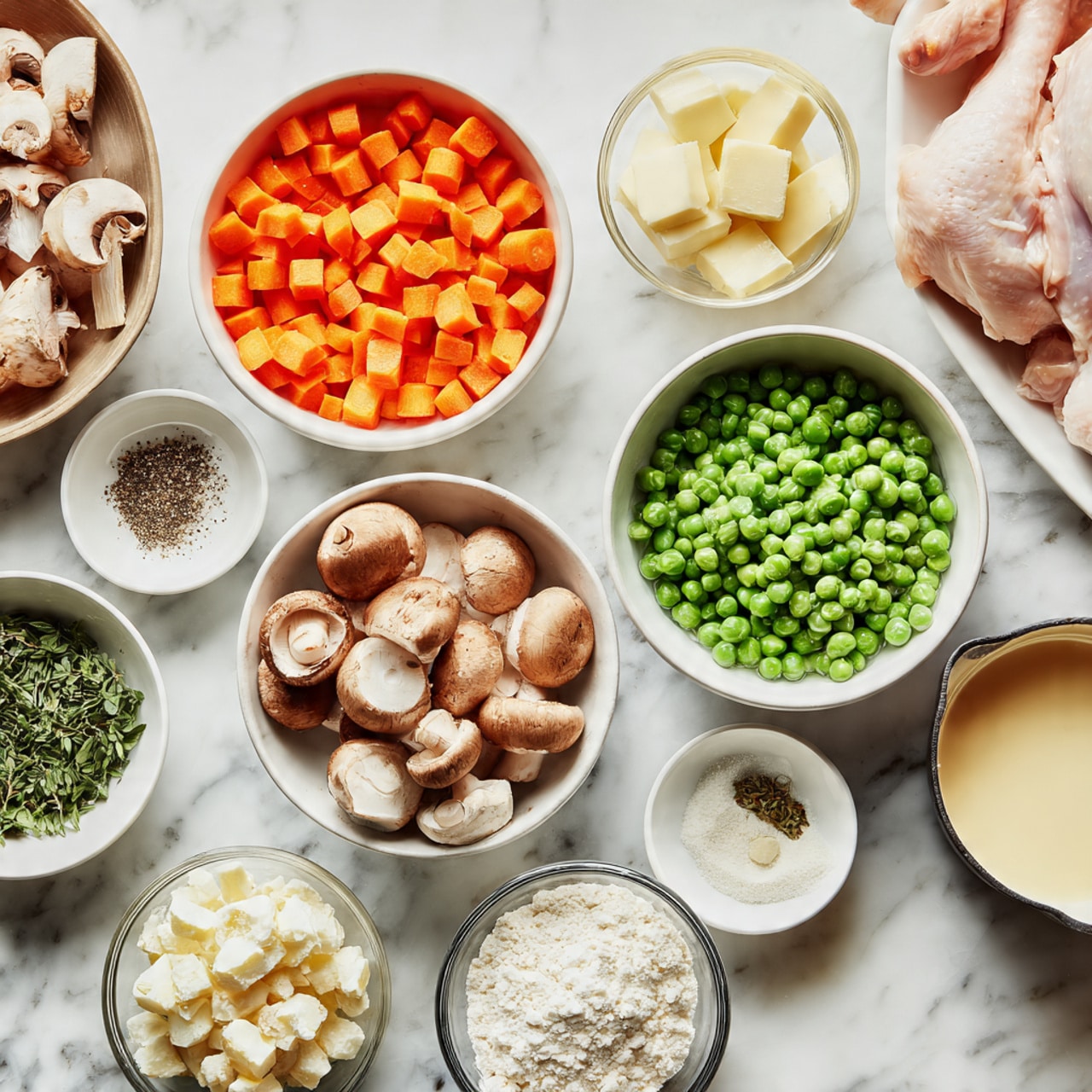 The image shows small white bowls and glass cups arranged neatly on a white marble surface. Each bowl holds a different ingredient: bright orange diced carrots, light green diced celery, whole brown mushrooms, bright green peas, finely chopped green herbs, a small pile of white granulated salt, ground black pepper, a few cloves of garlic in a glass, and cubes of butter. There is also a small dish with flour, another with chopped white onions, a bowl with diced mushrooms, a cup filled with cream, another with chicken stock, and a raw piece of chicken. A woman's hand is gently touching the edge of the arrangement. photo taken with an iphone --ar 4:5 --v 7