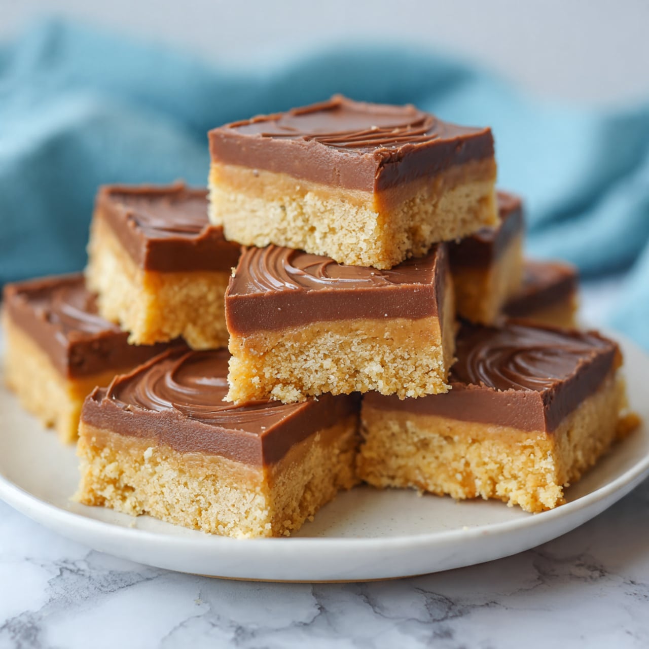 The image shows a white round plate with six layered bars stacked unevenly. Each bar has two layers: the bottom layer is thick, crumbly, and sandy yellow, looking like a dense cookie or peanut butter base, while the top layer is a smooth, shiny, medium-dark brown chocolate spread. The chocolate layer has gentle swirled indentations and a creamy texture, contrasting with the rougher bottom layer. The plate sits on a white marbled surface with a soft blue cloth slightly out of focus in the background. Photo taken with an iphone --ar 4:5 --v 7