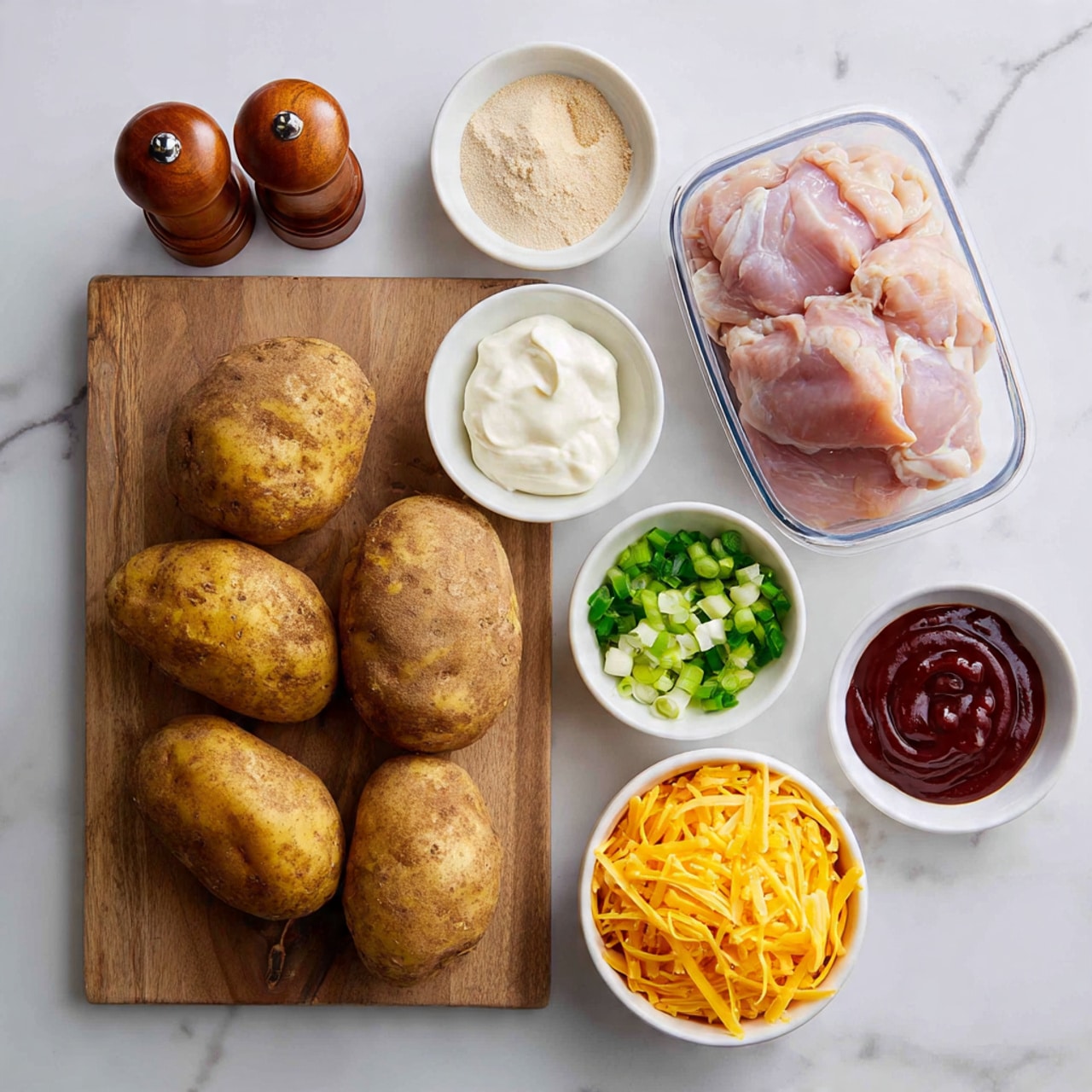 The image shows the ingredients for a dish laid out on a white marbled surface. In the center, there is a wooden cutting board holding four large brown potatoes with a rough texture. To the right of the board is a clear plastic container filled with raw pink chicken thighs. Above the potatoes, there are five small white bowls lined up horizontally. From left to right, the first bowl contains light beige garlic powder and onion powder, the second has white sour cream with a smooth texture, the third is filled with chopped green onions showing bright green and white pieces, the fourth holds thick, dark reddish-brown barbecue sauce, and the fifth bowl is heaped with shredded orange cheddar cheese. On the far left, two wooden salt and pepper shakers stand close together. The whole setup is neat and well-arranged. photo taken with an iphone --ar 4:5 --v 7
