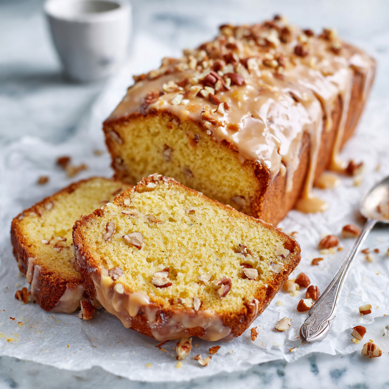 The image shows a loaf cake with two thick slices cut at the front, revealing a moist yellow crumb filled with small pieces of nuts inside. The top of the whole loaf is covered with a smooth, light brown glaze sprinkled with chopped pecans. The cake rests on crumpled white parchment paper over a white marbled surface, with scattered nut pieces and a silver spoon on the side. photo taken with an iphone --ar 4:5 --v 7