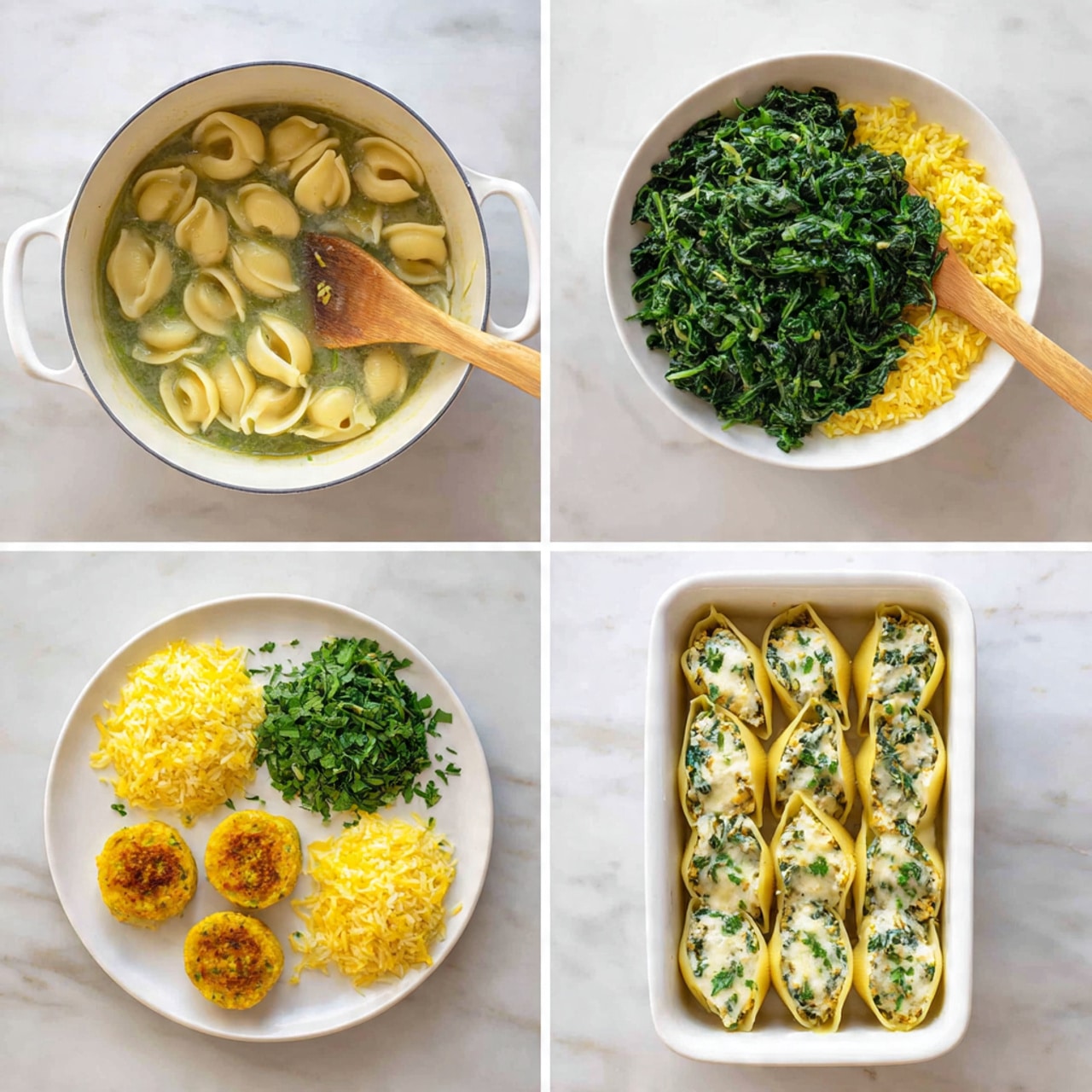 The image shows four photos of cooking steps arranged in a square. The top left photo is a white pot filled with light greenish-yellow liquid and pasta shells submerged in it. The top right shows a white bowl with cooked bright green spinach on top of cooked yellow rice, with a wooden spoon stirring it. The bottom left photo has a white plate with three separate piles: light yellow rice, bright green spinach, and two small round fried yellow patties. The bottom right photo shows a white rectangular baking dish filled with pasta shells standing upright, each stuffed and topped with melted cheese and chopped fresh herbs. The surface is white marble. Photo taken with an iphone --ar 4:5 --v 7