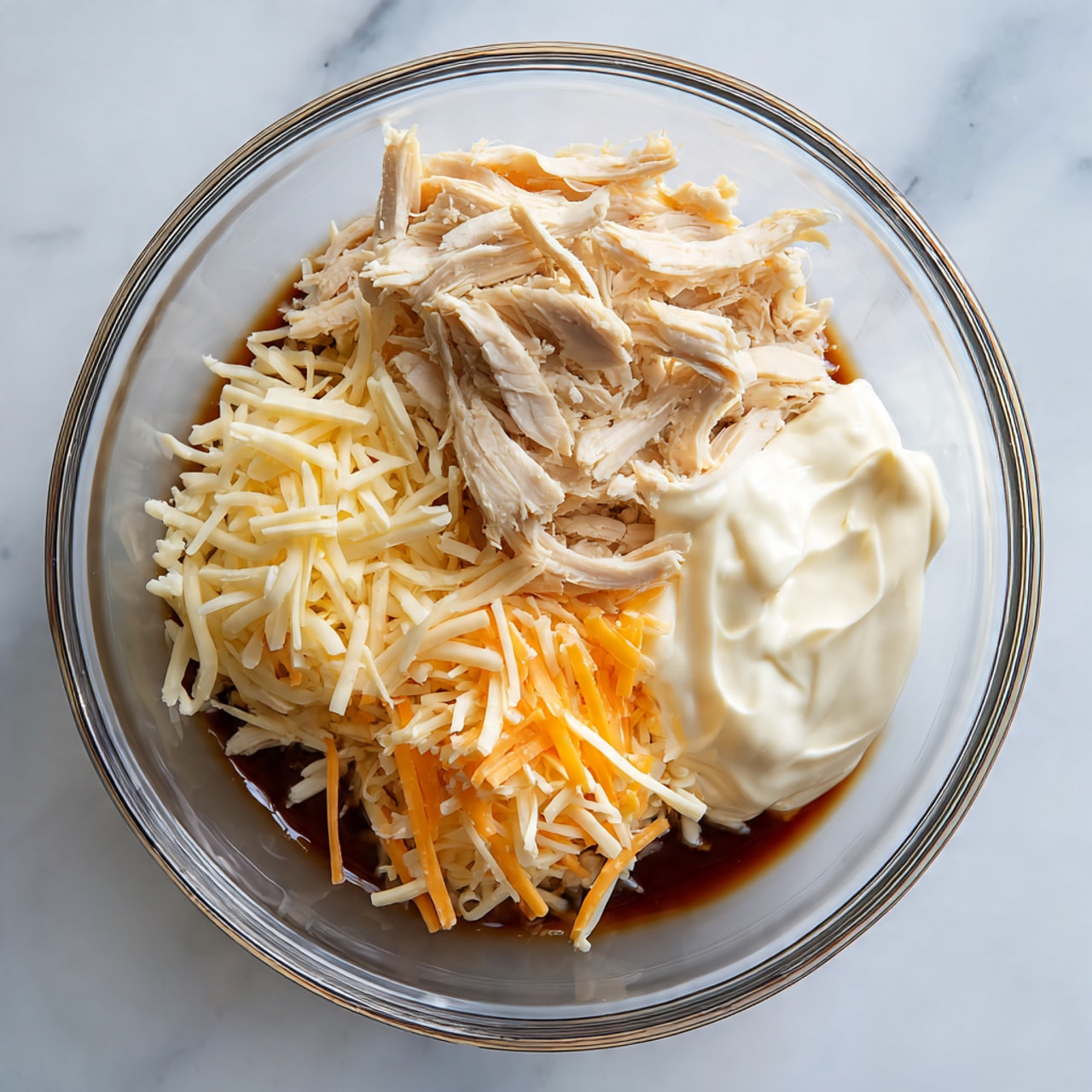 A clear glass bowl on a white marbled surface holds four separate layers of ingredients. At the bottom, there is a smooth, dark reddish-brown sauce filling about one-third of the bowl. On the left top portion, there is shredded, light beige chicken with a soft texture. On the right top portion, a dollop of thick, white cream contrasts with the other colors. Below the cream, shredded cheese in pale orange and white shades lies in a small, neat pile. The colors and textures are all distinct and do not mix yet. Photo taken with an iphone --ar 4:5 --v 7