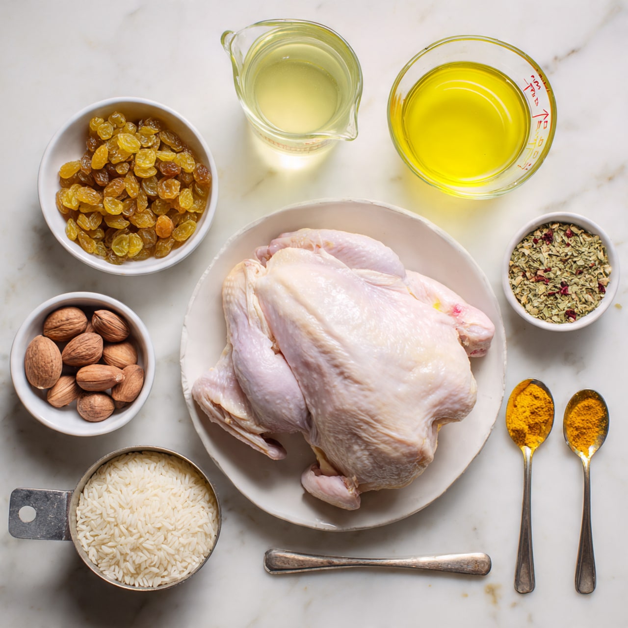 The image shows eight ingredients laid out on a white marbled surface. In the center is a white bowl holding a large piece of raw chicken with pale pink and white skin. To the top left is a small white bowl filled with golden raisins. Directly above the chicken is a glass measuring cup with a light yellow liquid. To the top right is a small white bowl containing a light yellow oil. Below that, another small white bowl holds a mix of brownish and greenish dry spices. At the bottom left corner, a metal measuring cup is filled with white rice grains, and next to it is another metal measuring cup holding light brown nuts. Two metal spoons with orange and yellow powdered spices are placed side by side near the bottom right corner. Photo taken with an iphone --ar 4:5 --v 7