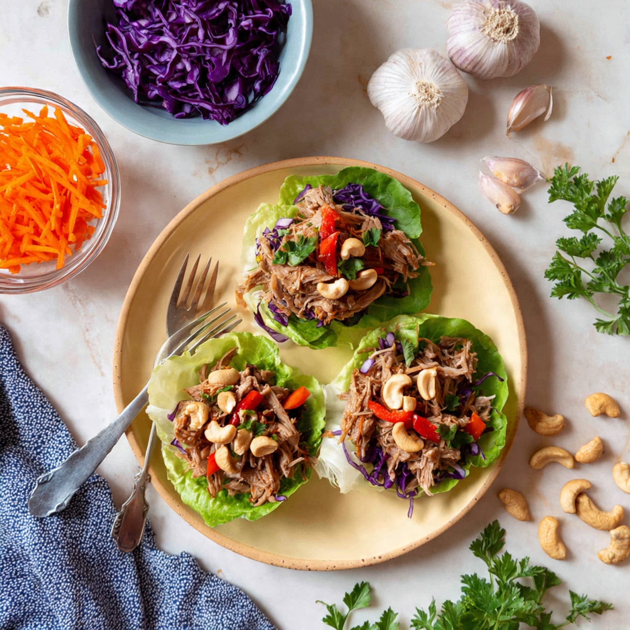 Four green lettuce leaves are laid out on a round wooden board with a handle, each leaf holding shredded brown meat topped with a colorful mix of coleslaw that includes white, purple, and orange cabbage with some green onion slices. To the upper left, a clear glass bowl holds more coleslaw, showing vibrant purple and white cabbage pieces with hints of green and orange. To the upper right, a white bowl with a blue rim contains more shredded meat. The entire scene is set on a white marbled surface. photo taken with an iphone --ar 4:5 --v 7