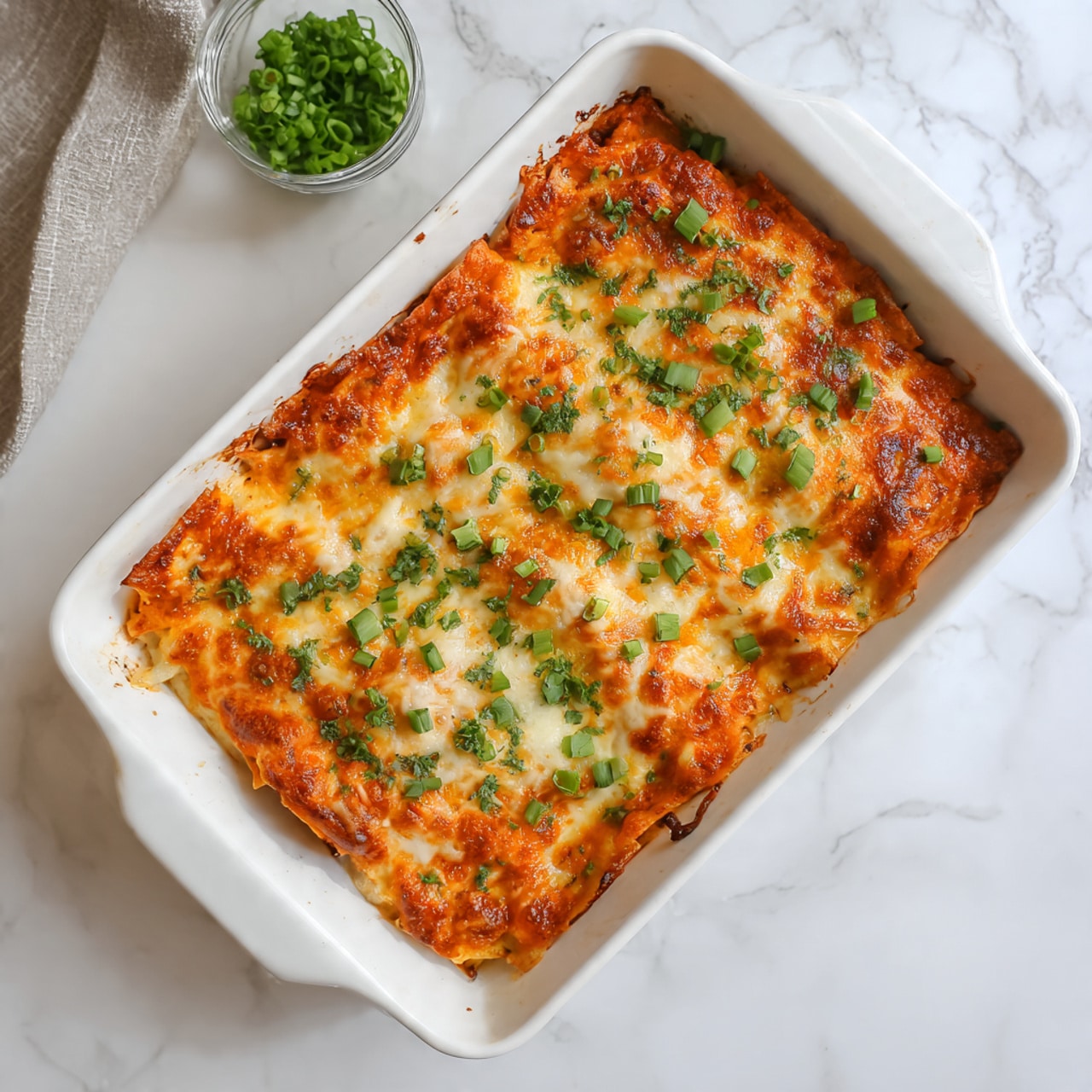 The image shows a white rectangular baking dish filled with baked pasta. The dish has two main layers: the pasta layer, which is light orange and soft, and the melted cheese layer on top, which is golden with some orange sauce drizzled over it. Small green pieces of chopped green onions are scattered on the top, adding a touch of color. The edges of the pasta near the dish are slightly browned, giving a baked texture. The dish sits on a white marbled surface with a small container of extra chopped green onions nearby. Photo taken with an iphone --ar 4:5 --v 7