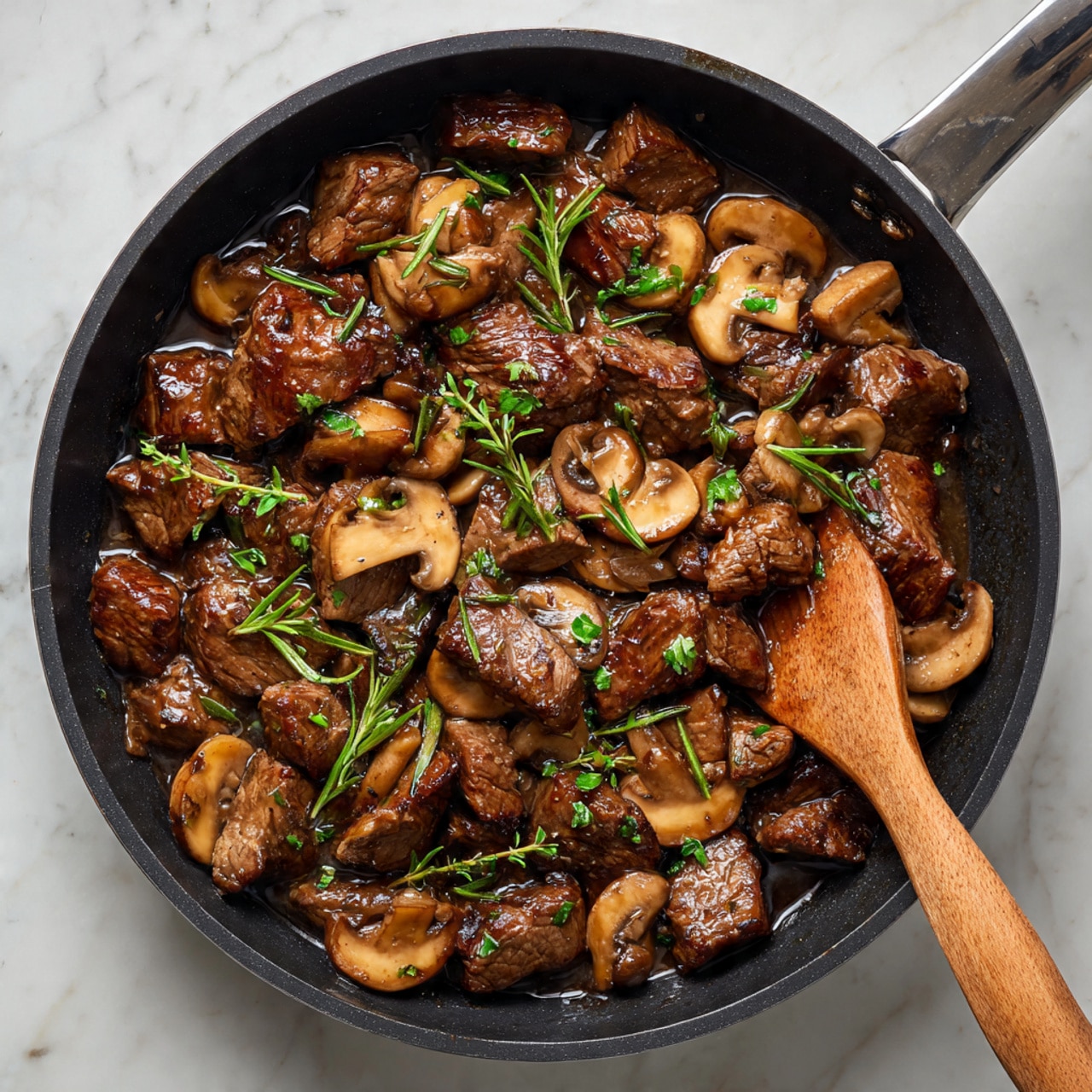 The image shows a black skillet filled with cooked beef chunks and sliced mushrooms, both in a rich brown color. The beef pieces are medium-sized, tender looking, while the mushrooms are light brown with a soft texture. Small green herb pieces, likely rosemary or thyme, are scattered evenly on top, adding a fresh green contrast. The skillet rests on a white marbled surface, and a wooden spatula is placed on the right side, adding a natural brown tone to the scene. photo taken with an iphone --ar 4:5 --v 7
