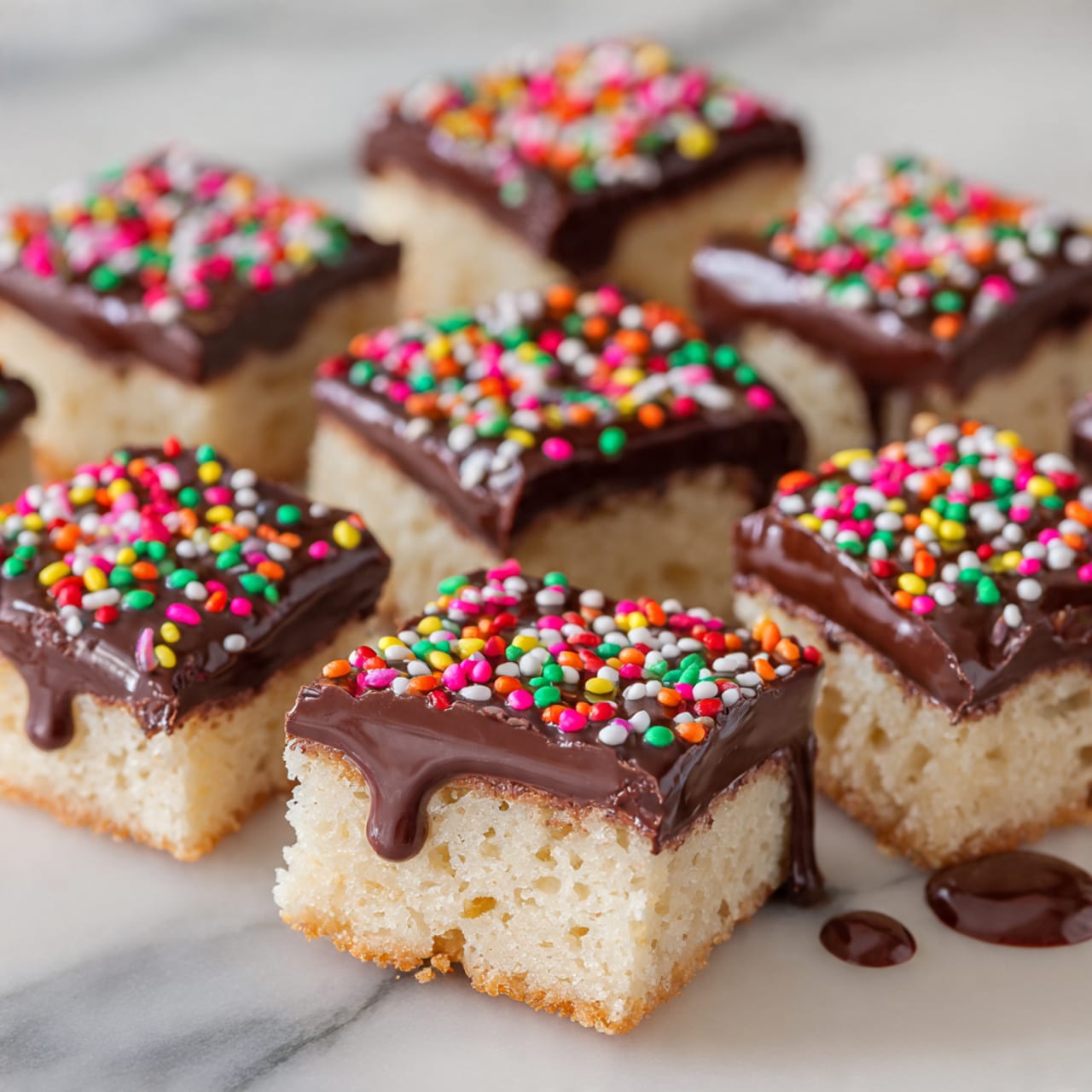 The image shows nine square treats arranged on a white marbled surface. Each treat has two visible layers: the bottom layer is light beige and textured, looking crispy and crunchy, while the top layer is shiny, smooth chocolate that covers the entire upper surface. Bright, colorful sprinkles in red, pink, green, yellow, orange, and white are scattered over the chocolate layer, adding vibrant dots of color. One treat is turned on its side, revealing the thickness and the clear contrast between the light crispy base and the dark chocolate top. Some chocolate has dripped and smeared lightly on the surface around the treats, adding a casual, inviting touch. photo taken with an iphone --ar 4:5 --v 7