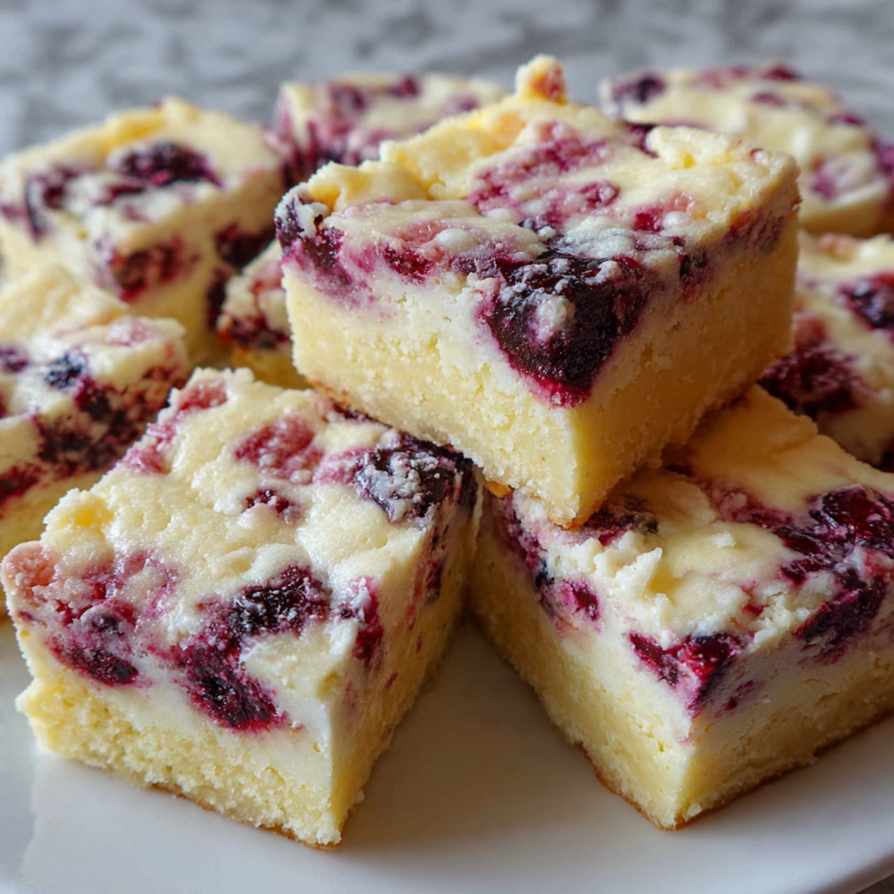 The image shows several thick square dessert bars arranged closely on a white plate. Each bar has two main layers: a pale yellow, dense-looking base layer with a slightly crumbly texture, and a top layer that is light with a mix of bright red and dark purple berry pieces embedded throughout. The berries create spots of color that contrast with the creamy white and light yellow parts of the bars. The bars have an uneven, rustic surface with some texture from the berries and a soft, moist appearance. The background is a white marbled texture. photo taken with an iphone --ar 4:5 --v 7