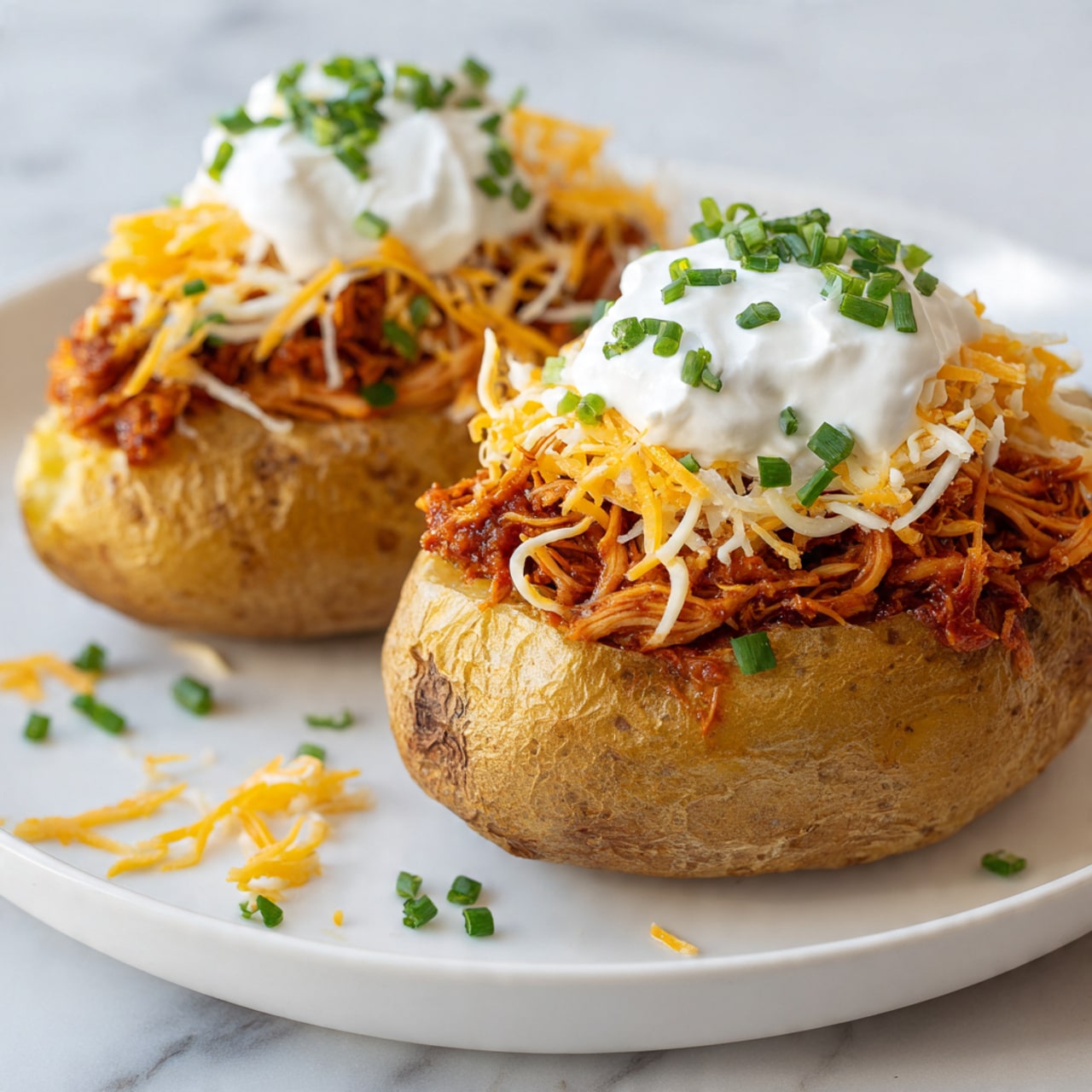 Two baked potatoes sit on a white plate with a white marbled background. Each potato has a crispy golden skin as the base layer, topped with shredded reddish-brown chicken in sauce filling the top of the potato fully. Above the chicken is a generous layer of shredded light orange cheddar cheese. On top of the cheese is a dollop of white sour cream, sprinkled with small pieces of green chopped chives. Some extra chives and a few drops of sauce are scattered on the plate around the potatoes. Photo taken with an iphone --ar 4:5 --v 7