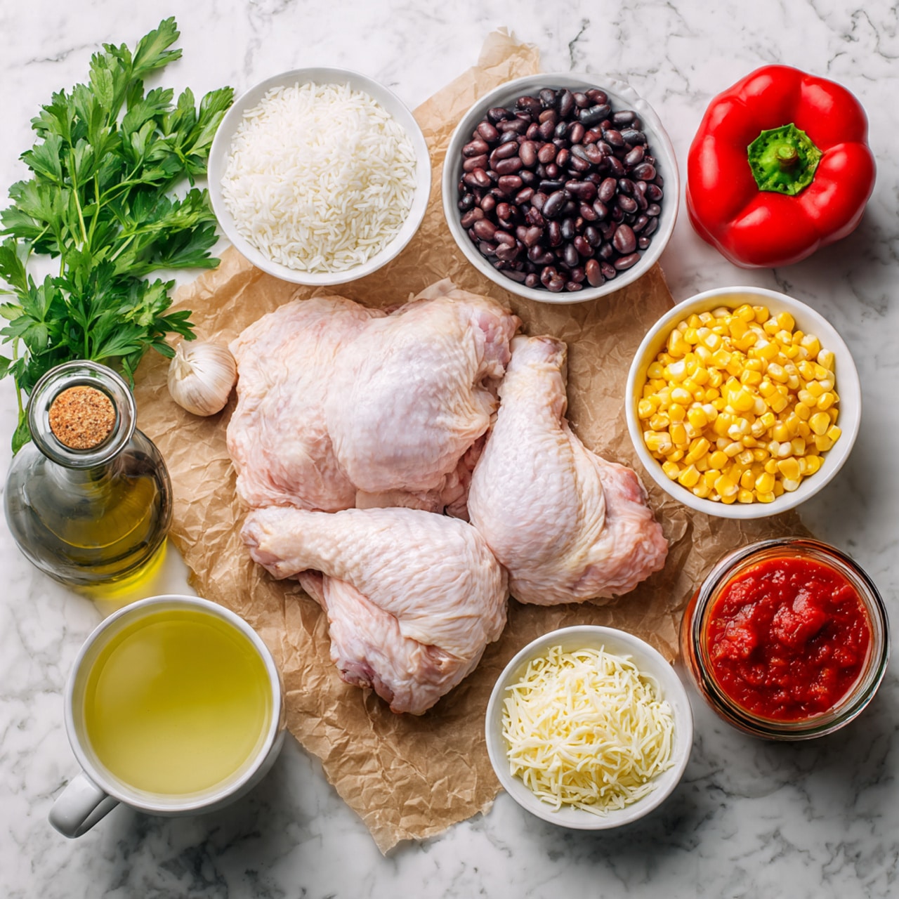 The image shows four raw chicken pieces placed on brown paper at the center of a white marbled surface. Surrounding the chicken are small white bowls with ingredients: white rice, corn kernels, black beans, minced garlic, and shredded cheese. A bright red bell pepper is near the top, and fresh green parsley is at the bottom left. A clear glass mug with light yellow liquid sits near a dark bottle of olive oil, and a jar of red salsa with green lid is placed towards the right. The overall color contrast is vibrant with fresh ingredients arranged neatly. Photo taken with an iphone --ar 4:5 --v 7