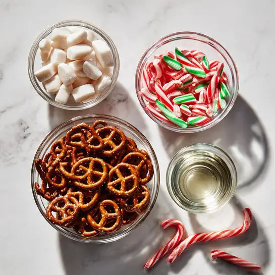 The image shows four glass bowls with different ingredients placed on a white marbled surface. The largest bowl at the bottom holds many small brown pretzels with a shiny texture. To the top left, a large bowl is filled with chunks of white candy pieces that look smooth and slightly powdery. At the top right, a medium bowl contains many small candy canes in red, white, and green stripes, some candy canes also scattered around the bowls. In the center between the bowls, a small clear bowl holds a small amount of clear liquid. The bright lighting creates soft shadows and highlights the colors and textures clearly. Photo taken with an iphone --ar 4:5 --v 7