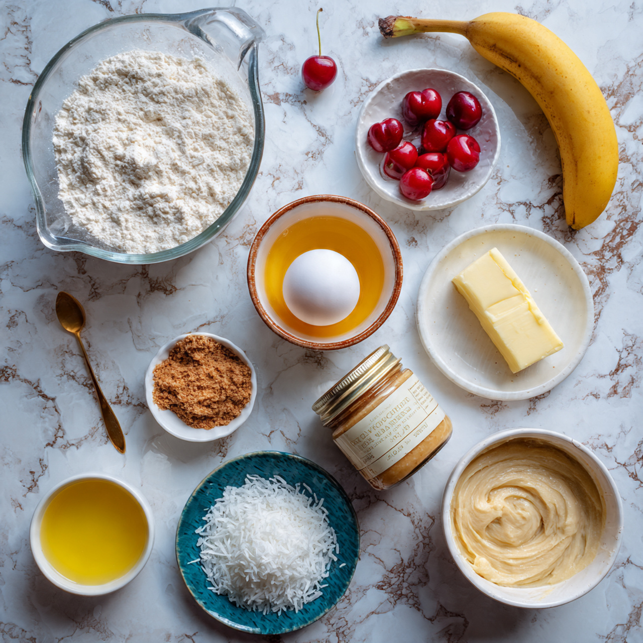 The image shows a white marbled surface with several cooking ingredients arranged on it. There is a clear glass measuring cup filled with flour on the top left, a small white bowl with a brown rim holding one whole egg in the center, a peeled banana resting next to a small white plate with red cherries on the right, and a blue bowl containing shredded coconut on the bottom left. Next to the lemon-yellow liquid in a small clear cup, there is a jar of coconut spread with a beige label in the middle. A small white bowl with brown sugar and a white bowl of thick beige batter with a small gold spoon inside are also present. A small stick of butter lies nearby. Photo taken with an iphone --ar 4:5 --v 7