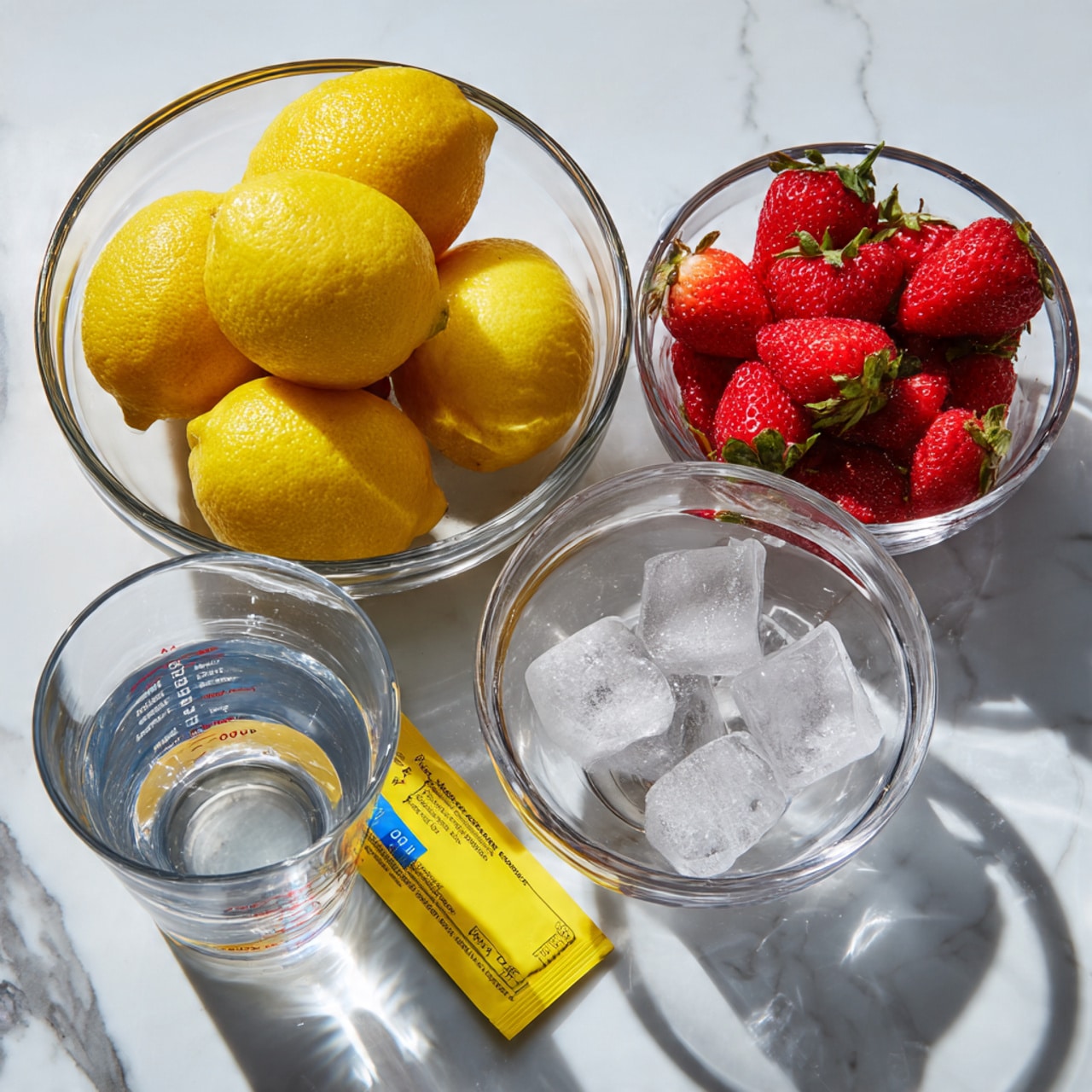 The image shows four clear glass bowls and a yellow sugar packet arranged on a white marbled surface. The largest bowl contains several whole yellow lemons with slightly textured skins. Another bowl holds several ripe, red strawberries with green tops visible. A smaller bowl is filled with clear ice cubes, and beside it is a clear measuring cup filled with water. The sugar packet is positioned to the left of the bowls, featuring a yellow background with blue text. photo taken with an iphone --ar 4:5 --v 7