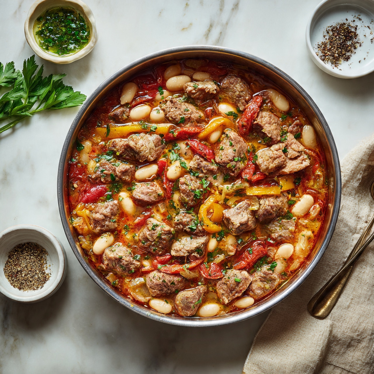 The image shows a round metal pan filled with a colorful stew-like dish placed on a white marbled surface. Inside the pan, there are several layers: large white beans scattered throughout, chunks of browned meat mixed with slices of red and yellow bell peppers, and a thick reddish-orange sauce that covers everything. The sauce has small green herbs sprinkled on top, adding some freshness to the rich texture. On the left side of the pan, a green parsley sprig rests on the surface. Nearby, a spoon with green leafy sauce in a white bowl and a small bowl with ground black pepper are visible. A beige cloth napkin is positioned at the bottom right corner. photo taken with an iphone --ar 4:5 --v 7