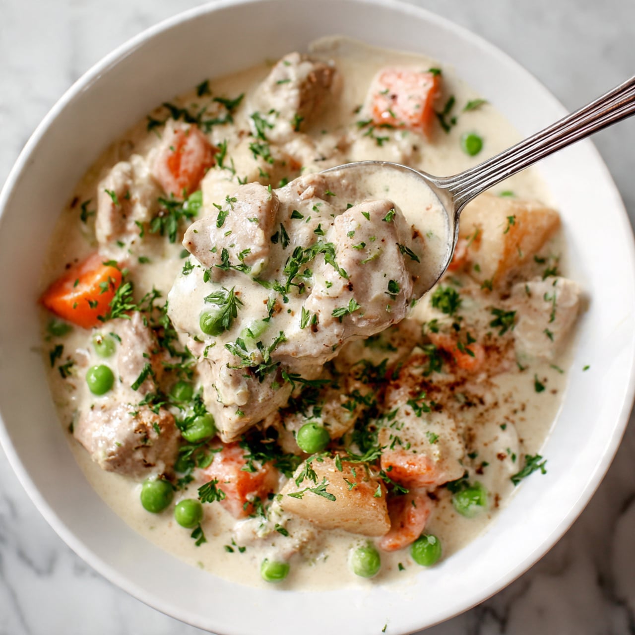 The image shows a creamy dish with soft, thick white gravy mixed with tender pieces of light-colored meat, small bright orange carrot cubes, and green peas. There are fresh green parsley flakes sprinkled on top, adding color contrast. A large silver spoon is scooping up the stew, revealing the thick, smooth texture of the sauce and the chunky bits inside. The dish sits in a white bowl on a white marbled surface. photo taken with an iphone --ar 4:5 --v 7