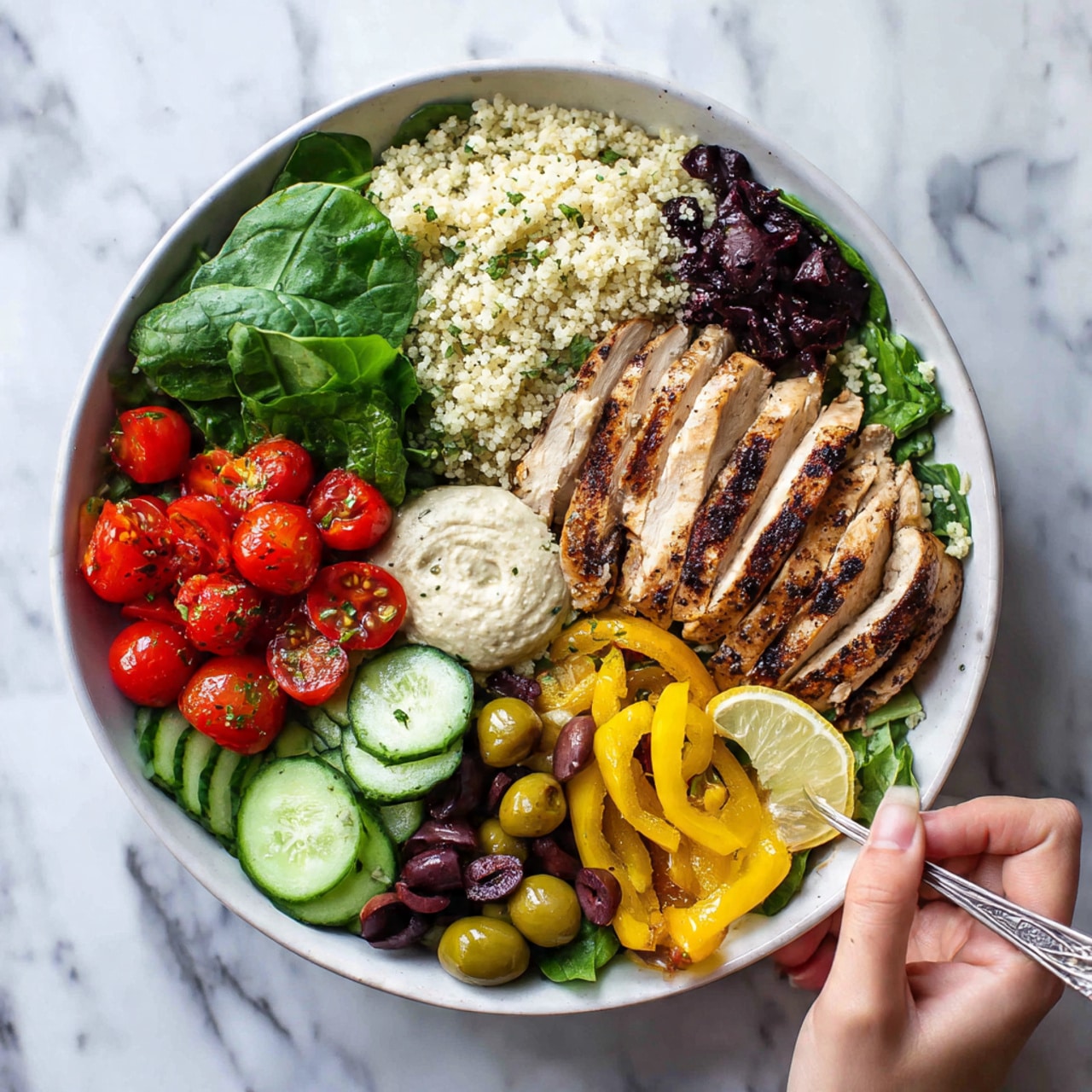 The image shows a large white bowl on a white marbled surface filled with a colorful mix of food items arranged in layers. At the base, there is a light beige layer of couscous. On top of this, sliced grilled chicken is placed in neat rows, light brown with grill marks. To the left, there is a cluster of bright red cherry tomatoes cut in halves, glistening with moisture. Next to the tomatoes, green cucumber slices are arranged in a small row around the edge of the bowl. In the upper left section, fresh green spinach and dark purple lettuce leaves add a leafy texture. Near the top right, there are pieces of grilled yellow and red bell peppers. Scattered green olives mix into the ingredients. A small scoop of light beige hummus sits near the center. A creamy white sauce dollop rests on the right side of the bowl next to a lemon wedge. A silver fork is partially inside the bowl on the right side. A woman's hand is holding one side of the bowl. Photo taken with an iphone --ar 4:5 --v 7