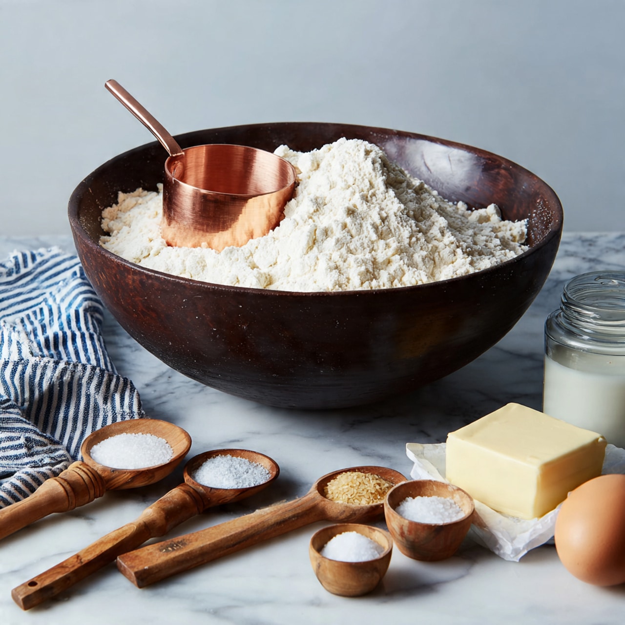A dark brown bowl sits on a white marbled surface with a striped blue and white cloth to the left. Inside the bowl, there is a pile of white flour with a copper measuring cup resting on top. In front of the bowl, from left to right, there are four measuring spoons and cups made of wood and metal containing granulated sugar, yeast, salt, and milk respectively. Next to these, there is a small glass jar of clear liquid, a small square of pale yellow butter on white wrapper paper, and a single brown egg. Photo taken with an iphone --ar 4:5 --v 7
