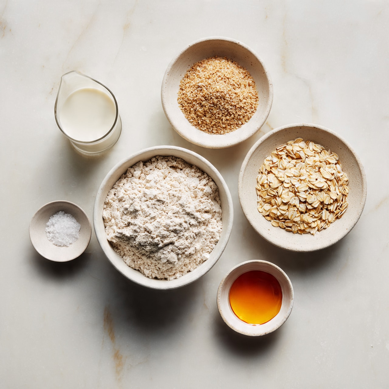 The image shows six white bowls and a small glass placed on a white marbled surface. In the center is a large white bowl filled with white flour with a rough texture. To the top right, a medium white bowl contains pale yellow rolled oats with a flaky texture. To the top left, a small white bowl holds light brown granules resembling yeast. To the bottom left, the small glass is filled with white milk. Below the glass, a tiny bowl contains fine white salt. To the bottom right, a small white bowl contains a bright amber liquid that looks like honey or syrup. The items are arranged in a loose circular pattern with even spacing photo taken with an iphone --ar 4:5 --v 7
