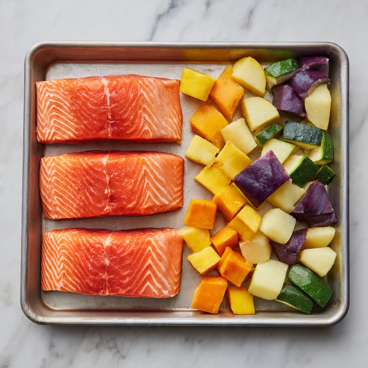 A rectangular metal baking tray holds three evenly spaced raw salmon fillets on the left side, showing a smooth, bright orange flesh with fine white lines. On the right side of the tray, there is a mix of chopped vegetables scattered around, including pieces of yellow and orange squash, light beige potatoes, dark purple root vegetables, and green zucchini slices, all cut into simple chunks. The tray rests on a white marbled surface. photo taken with an iphone --ar 4:5 --v 7