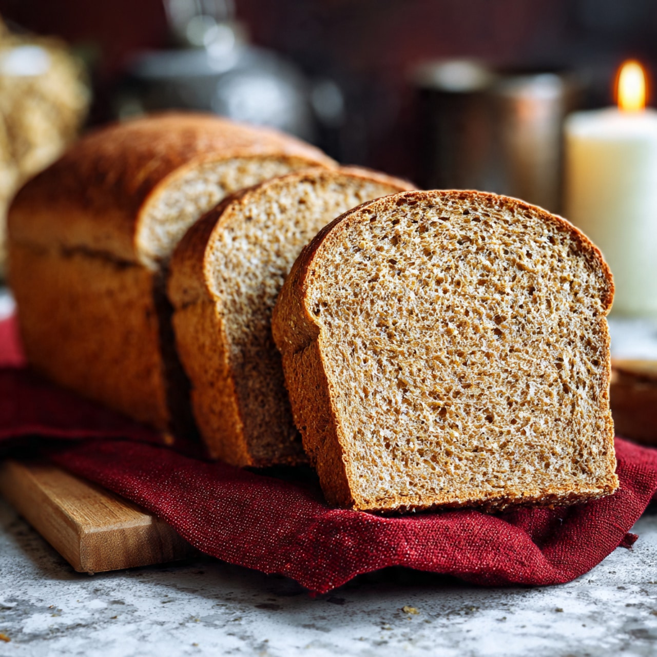 The image shows three slices of brown bread placed side by side on a wooden cutting board, positioned diagonally with the crumb texture visible up close, showing a dense, grainy interior and a rough, golden-brown crust. The bread is placed on a red cloth that adds a warm contrast beneath the board. In the background, there is a lit white candle and some blurred kitchen items in soft focus, creating a cozy and homely dark ambiance. The surface beneath the setup is a white marbled texture. photo taken with an iphone --ar 4:5 --v 7