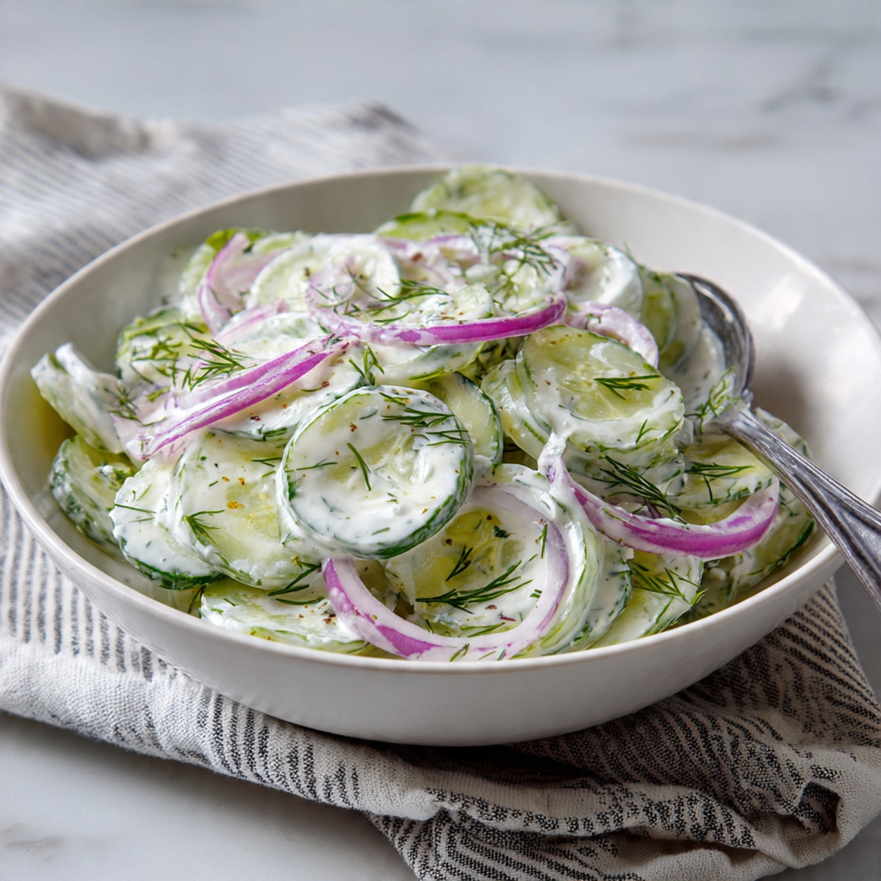 A white bowl filled with a creamy cucumber salad sits on a white marbled surface with a striped cloth nearby. The salad has multiple thin layers of pale green cucumber slices mixed with thin rings of light purple onion. These layers are coated in a thick white creamy dressing with a slightly glossy texture. Small green dill leaves are sprinkled all over, adding a fresh touch and contrast to the light colors. A silver spoon rests inside the bowl, partially covered by the salad. photo taken with an iphone --ar 4:5 --v 7