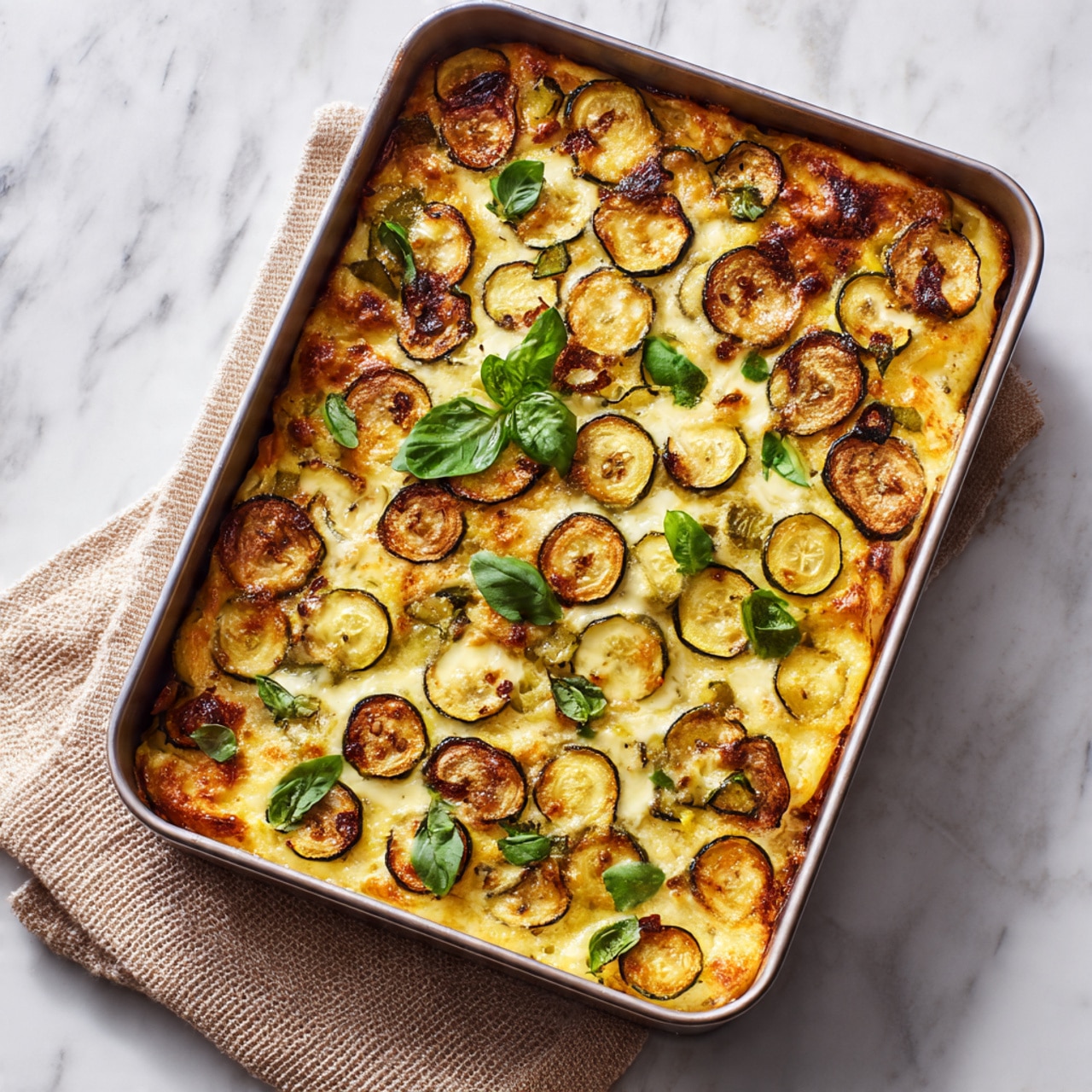The image shows a rectangular metal baking tray filled with a layered dish. The bottom layer is golden-brown baked pasta or casserole. On top of this, there is a layer of evenly sliced round pieces of zucchini, laid out in a close pattern covering the whole surface. Some fresh green basil leaves are scattered on top of the zucchini slices. The tray is placed on a white marbled surface with a beige textured cloth partially under the tray. Photo taken with an iphone --ar 4:5 --v 7