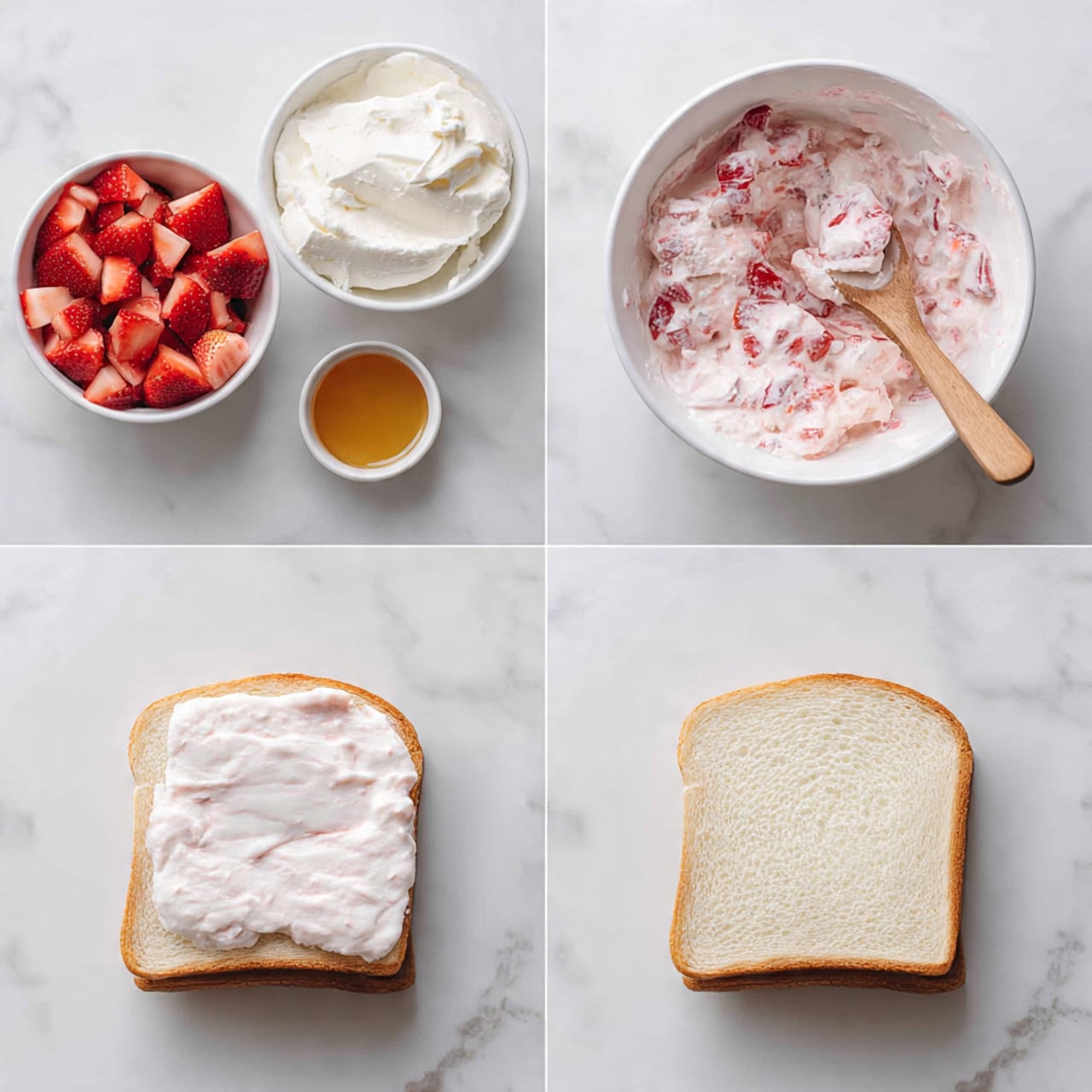 A set of four images shows steps for making a strawberry cream cheese sandwich. The top left image has a white bowl with three separate parts: diced red strawberries on the top left, golden honey on the top right, and a large dollop of white whipped cream cheese at the bottom. The top right image shows the same white bowl with all ingredients mixed into a pinkish-white creamy blend with strawberry pieces inside, and a wooden spoon resting in it. The bottom left image shows two slices of white bread on a white marbled surface, each spread with the strawberry cream cheese mixture covering most of the bread area. The bottom right image shows two plain white bread slices on the same surface, one slice placed on top of the other to form a closed sandwich. photo taken with an iphone --ar 4:5 --v 7