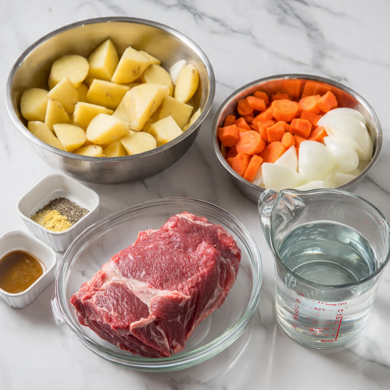 The image shows ingredients for cooking arranged on a white marbled surface. On the right side, there is a clear glass bowl with a thick piece of red raw meat with white fat marbling. To the upper left, a large metal bowl holds three different layers: the bottom layer has small yellow potato pieces, the middle layer has cut orange carrot rounds, and the top layer has chunks of white onion. Near the bottom left of the metal bowl are three small white containers: one holding a brown sauce, another with a dry seasoning mix of grey and yellow bits, and the smallest dish with a yellow minced ingredient. In front of the meat is a clear glass measuring cup filled with water. photo taken with an iphone --ar 4:5 --v 7