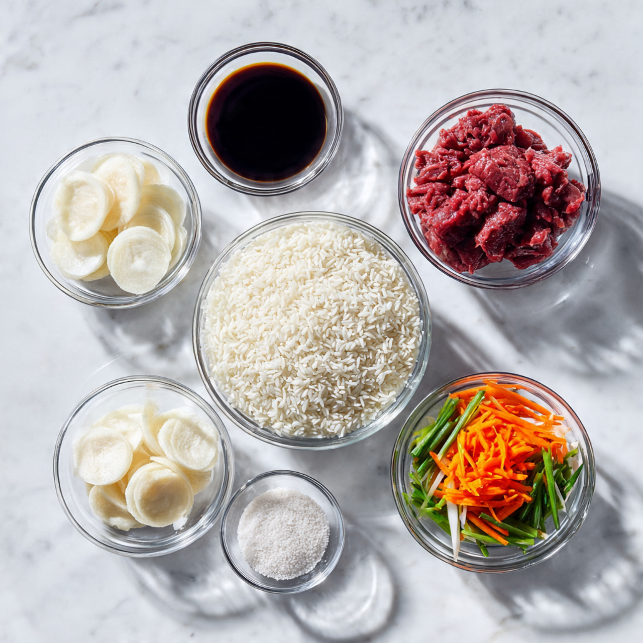 A white tray with six clear glass bowls arranged neatly on a white marbled surface. In the center is a bowl filled with white rice grains. To the right, a bowl contains raw red meat pieces. Below the rice, there is a bowl with thinly sliced orange and green vegetables, possibly carrots and green onions. Above the rice, there is a bowl with a dark liquid, likely soy sauce. To the left of that, a bowl has thin round pale slices, and lastly, to the far left, a bowl holds a small amount of white powder, maybe salt. The overall image is bright and clean, emphasizing the fresh ingredients. photo taken with an iphone --ar 4:5 --v 7