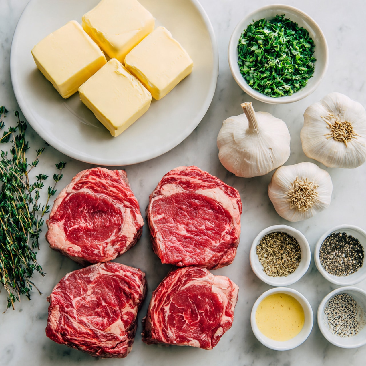 Three raw steaks with a rich red color and visible marbling lay side by side on a white marbled surface. Above them, a white plate holds four thick blocks of pale yellow butter. To the right of the steaks, there is a small white bowl filled with bright green chopped herbs. Below that, another white bowl contains three whole garlic bulbs with papery white skin. Below the steaks, three small white containers hold coarse black pepper, light golden mustard sauce, and a few sprigs of fresh green herbs. A few sprigs of thyme with tiny green leaves are placed on the left side of the image. All items are arranged neatly with a bright, clean look. photo taken with an iphone --ar 4:5 --v 7