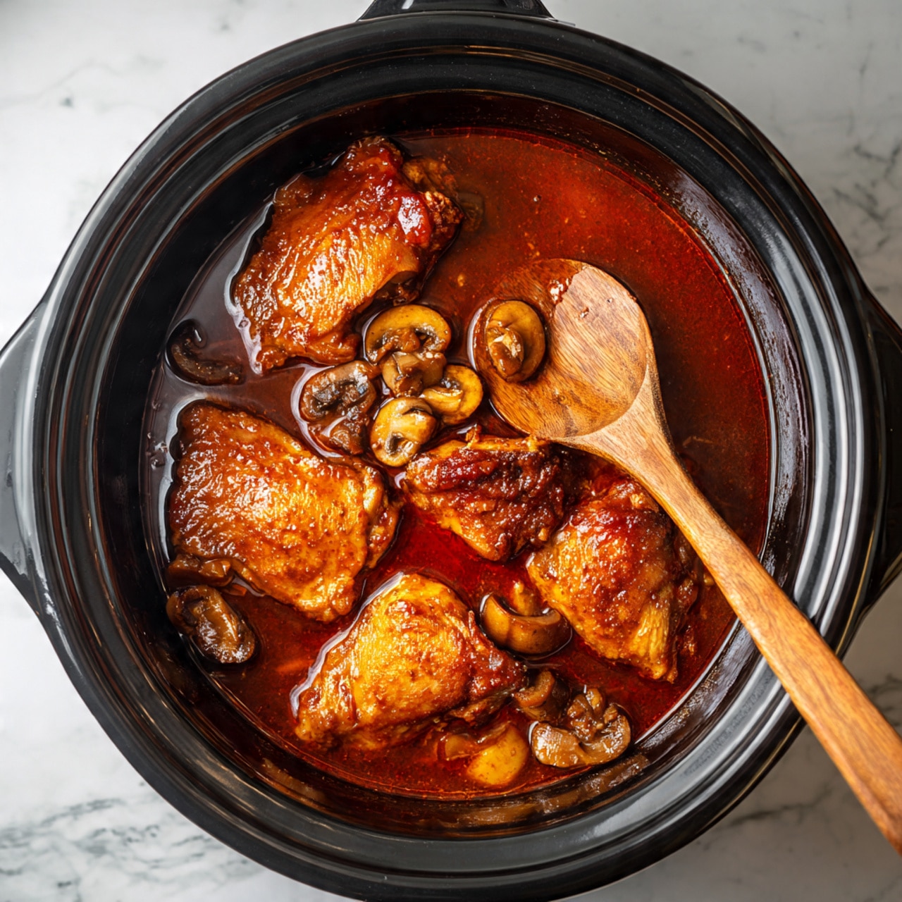 The image shows a black slow cooker filled with several large pieces of cooked chicken thighs in a thick, shiny reddish-brown sauce. Mushrooms are scattered throughout, partially submerged in the sauce with a rich texture. A wooden spoon and a silver spoon are inside the cooker, resting on the thick sauce with some chicken pieces on them. The overall look is warm and hearty, with a glossy finish on the chicken and sauce. The slow cooker sits on a white marbled surface. Photo taken with an iphone --ar 4:5 --v 7