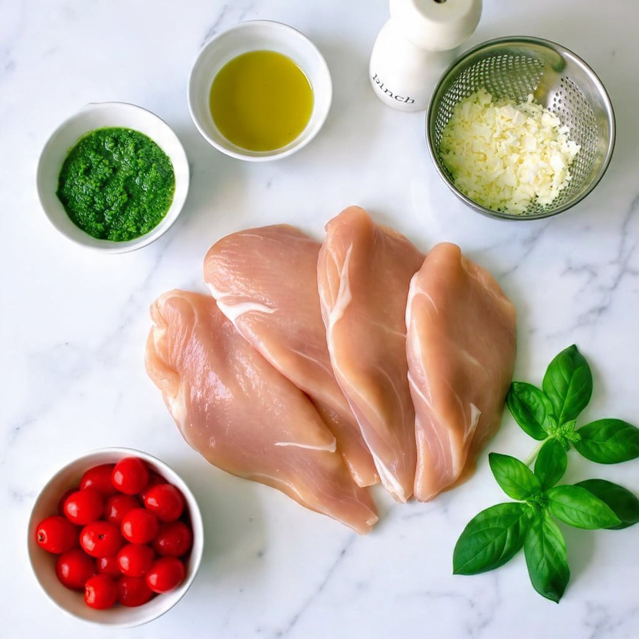 The image shows four raw chicken fillets placed slightly overlapping on a white marbled surface, with fresh basil leaves nearby. On the left, a white bowl holds a pile of red cherry tomatoes. Above the chicken, there is a small white bowl filled with green pesto sauce, and next to it, a small silver container with golden olive oil. On the right side, a small silver colander is filled with shredded white cheese, and a white pepper grinder with the word