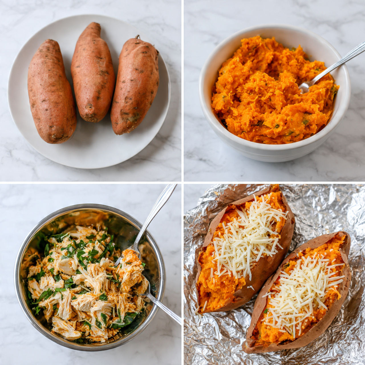The image shows four steps of making stuffed sweet potatoes, arranged in a 2x2 grid. In the top left, there are three whole, unpeeled sweet potatoes placed side by side on a white plate, set on a white marbled surface. The top right shows mashed sweet potatoes in a white bowl, the mash is bright orange and soft in texture with a spoon partially visible. The bottom left image displays a metal bowl filled with shredded chicken mixed with fresh green herbs, with a fork inside the mixture. The bottom right image presents two the sweet potato halves filled with some of the chicken mixture, topped with shredded white cheese, all placed on foil over a white marbled surface. Photo taken with an iphone --ar 4:5 --v 7